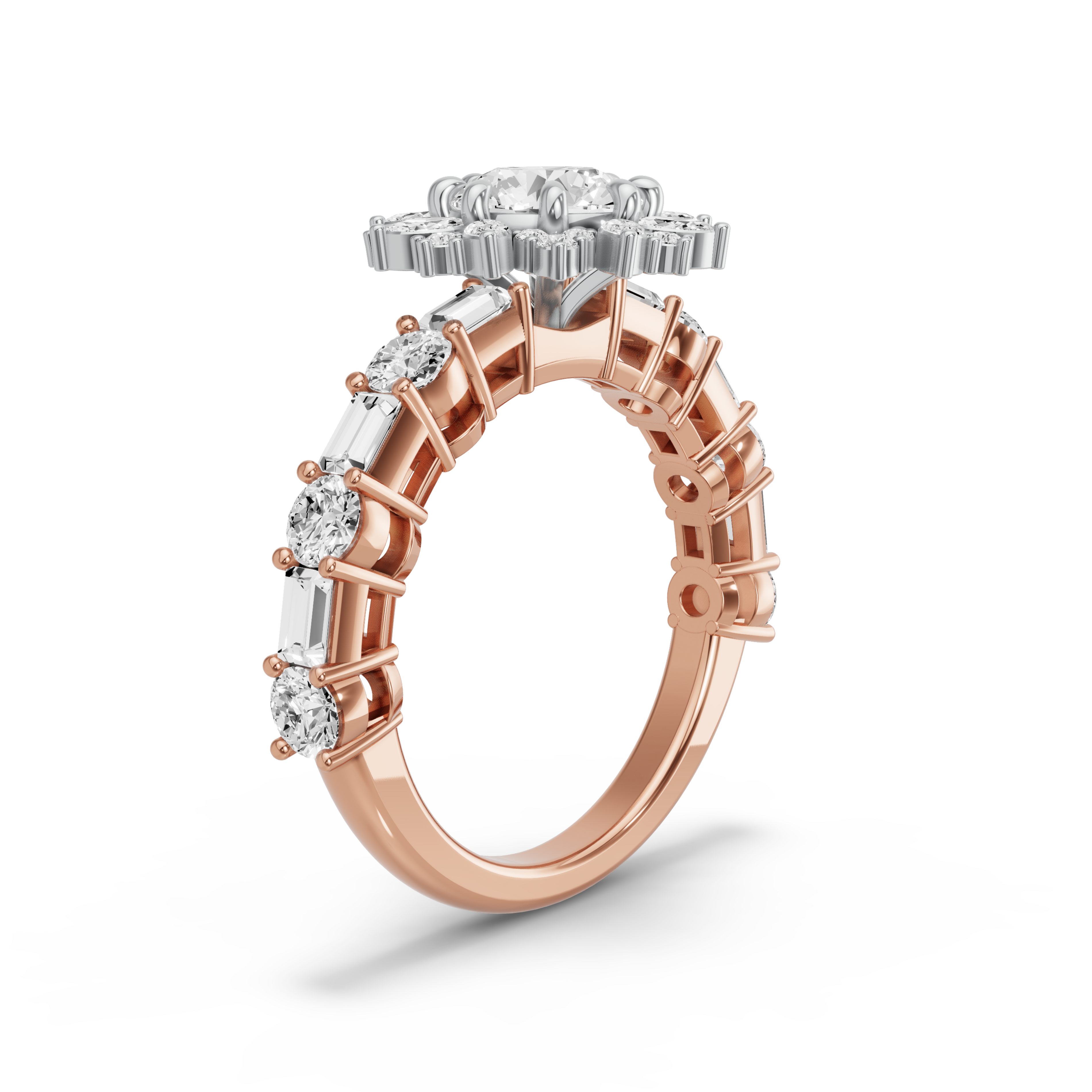 Image for Round Fancy Halo Ring with Alternating Baguette band in 18K Two Tone Rose Gold