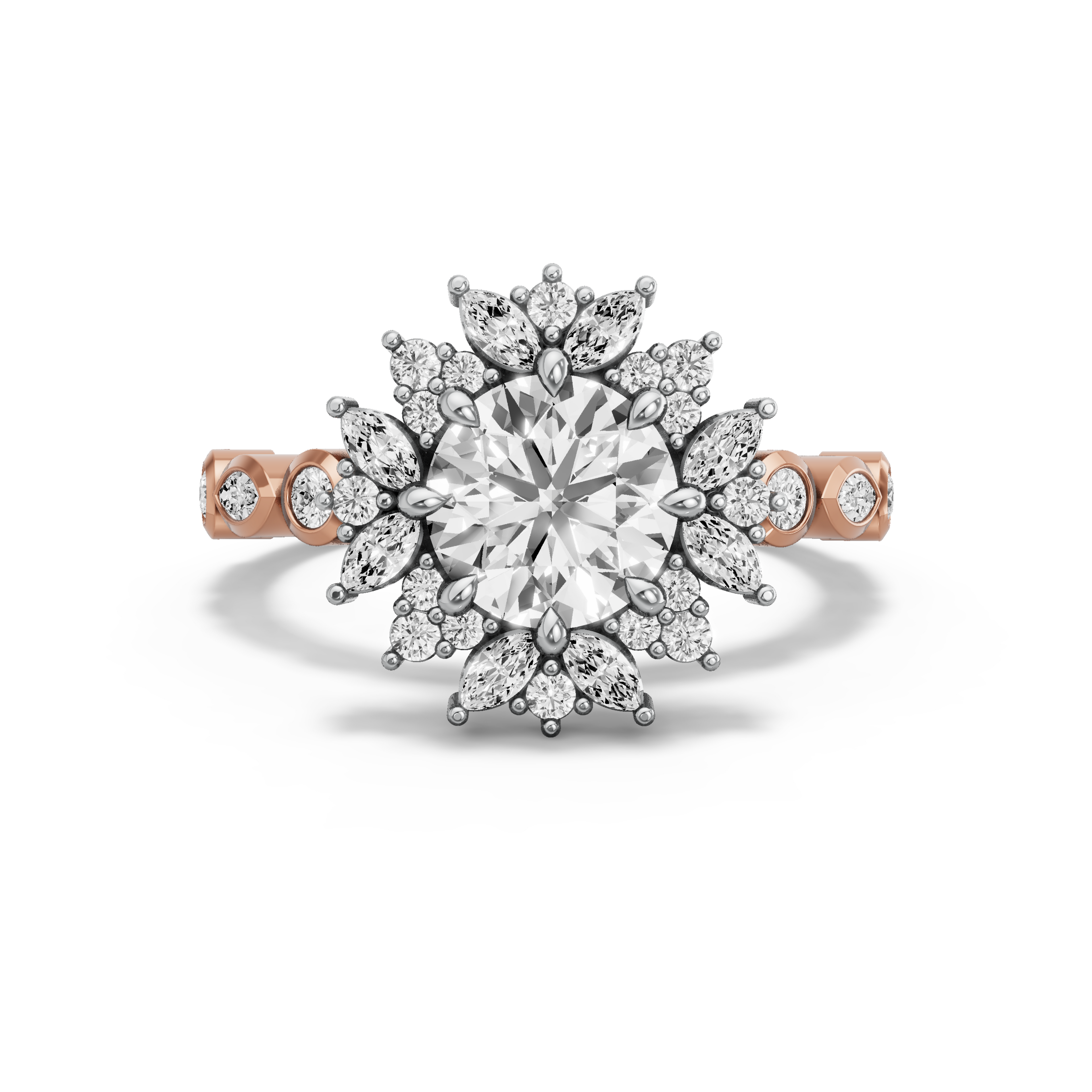 Image for Round Fancy Halo Ring with Alternating Marquise band in 10K Two Tone Rose Gold