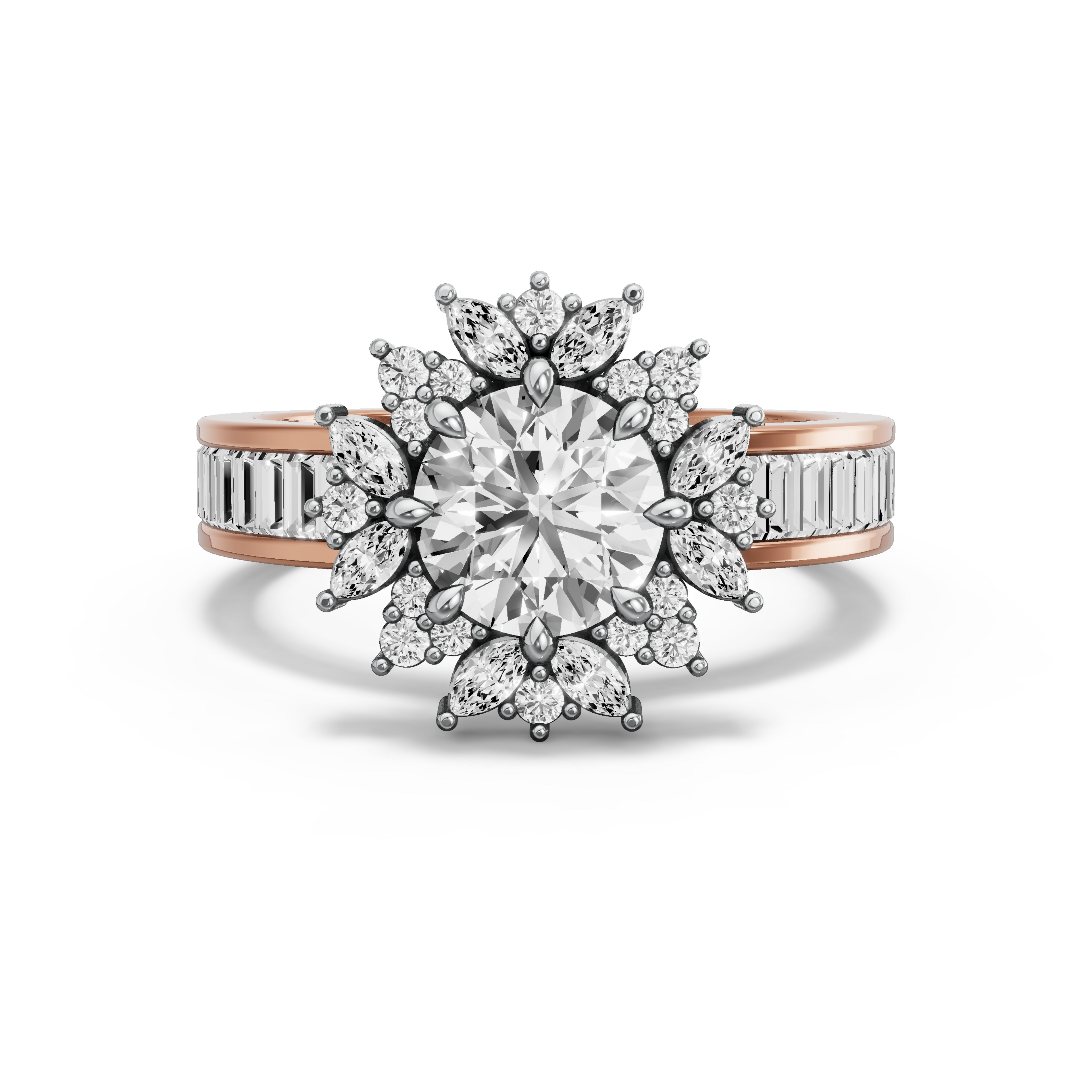 Image for Round Fancy Halo Ring with Baguette Channel band in 10K Two Tone Rose Gold
