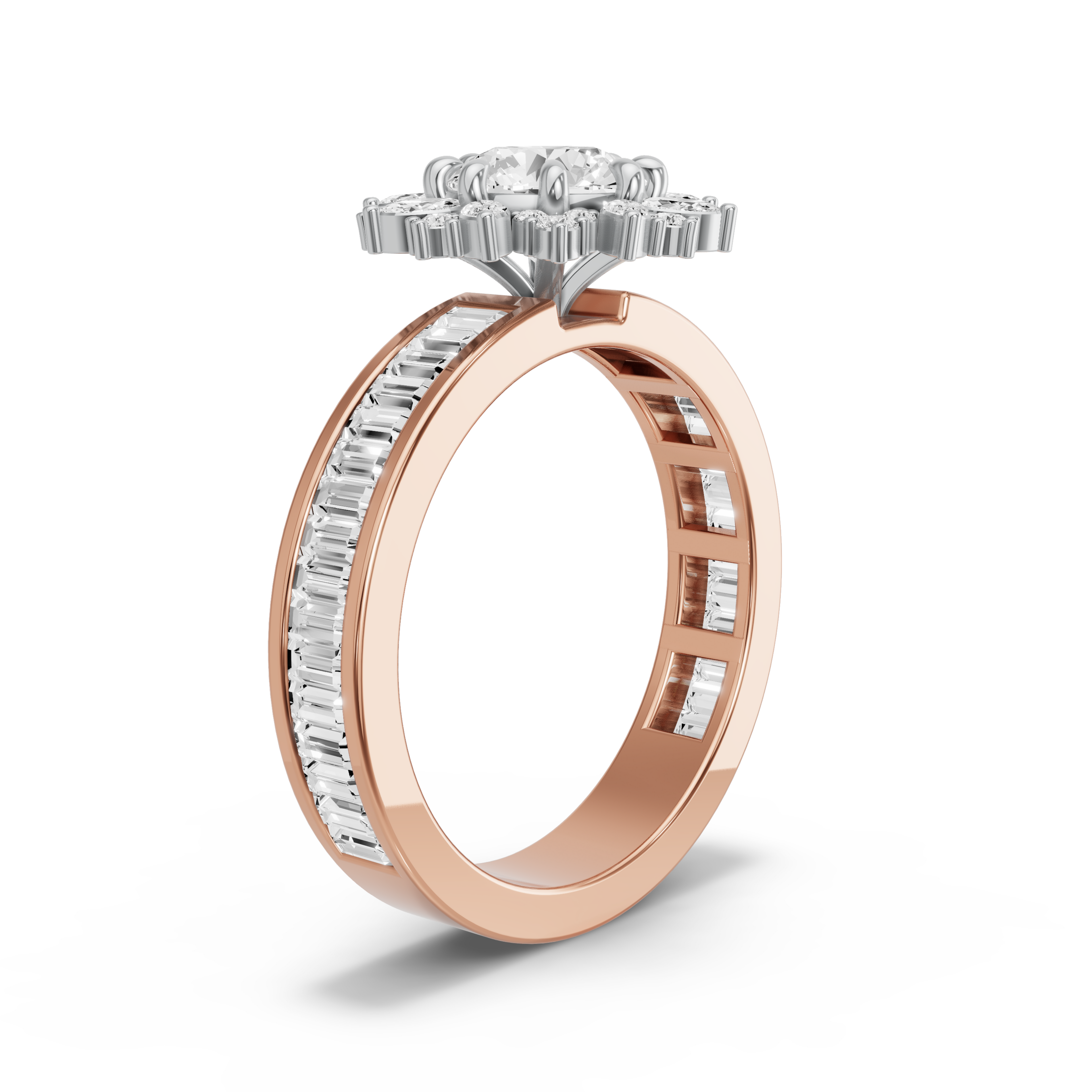 Image for Round Fancy Halo Ring with Baguette Channel band in 14K Two Tone Rose Gold