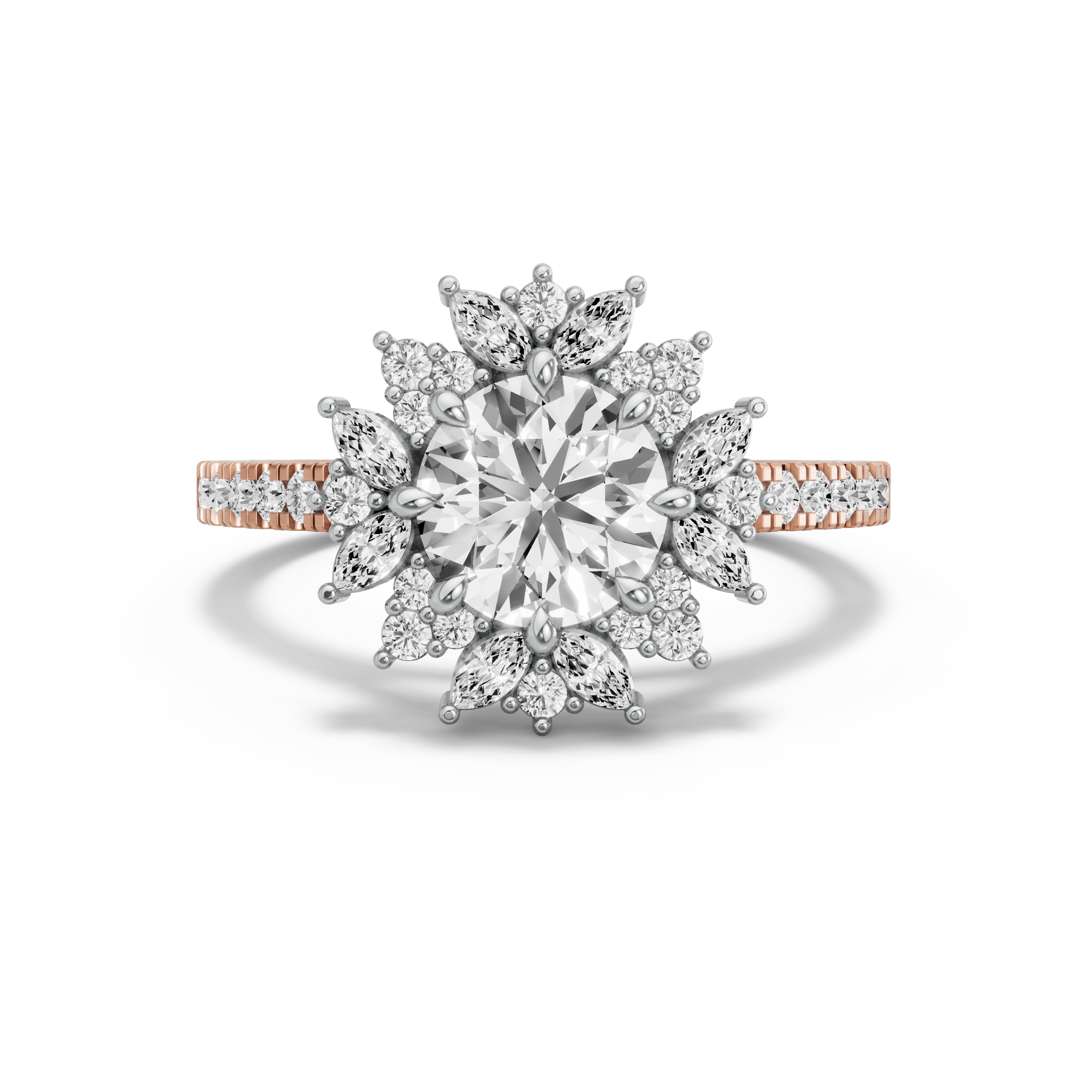 Image for Round Fancy Halo Ring with Cathedral Pave band in 14K Two Tone Rose Gold