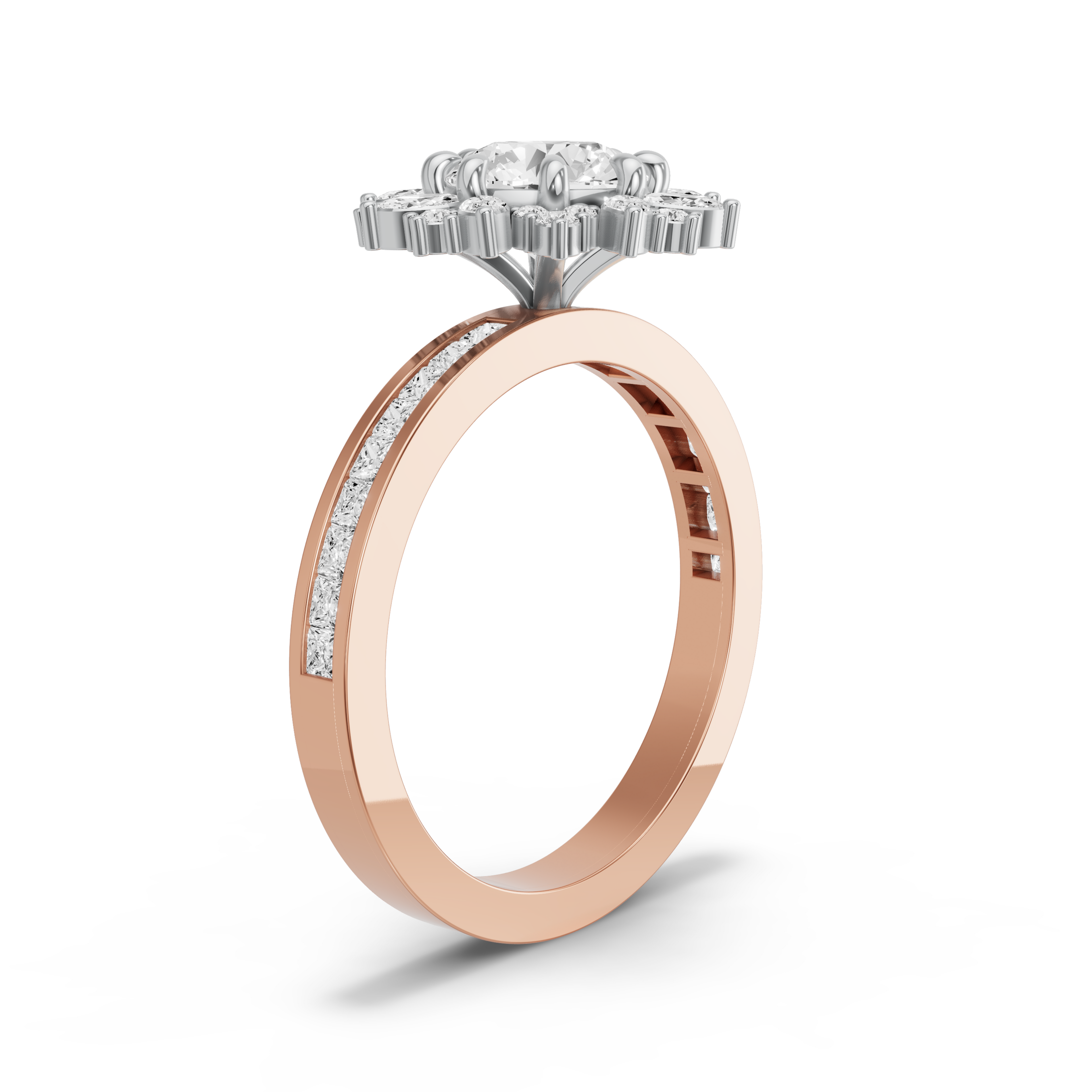 Image for Round Fancy Halo Ring with Channel band in 18K Two Tone Rose Gold