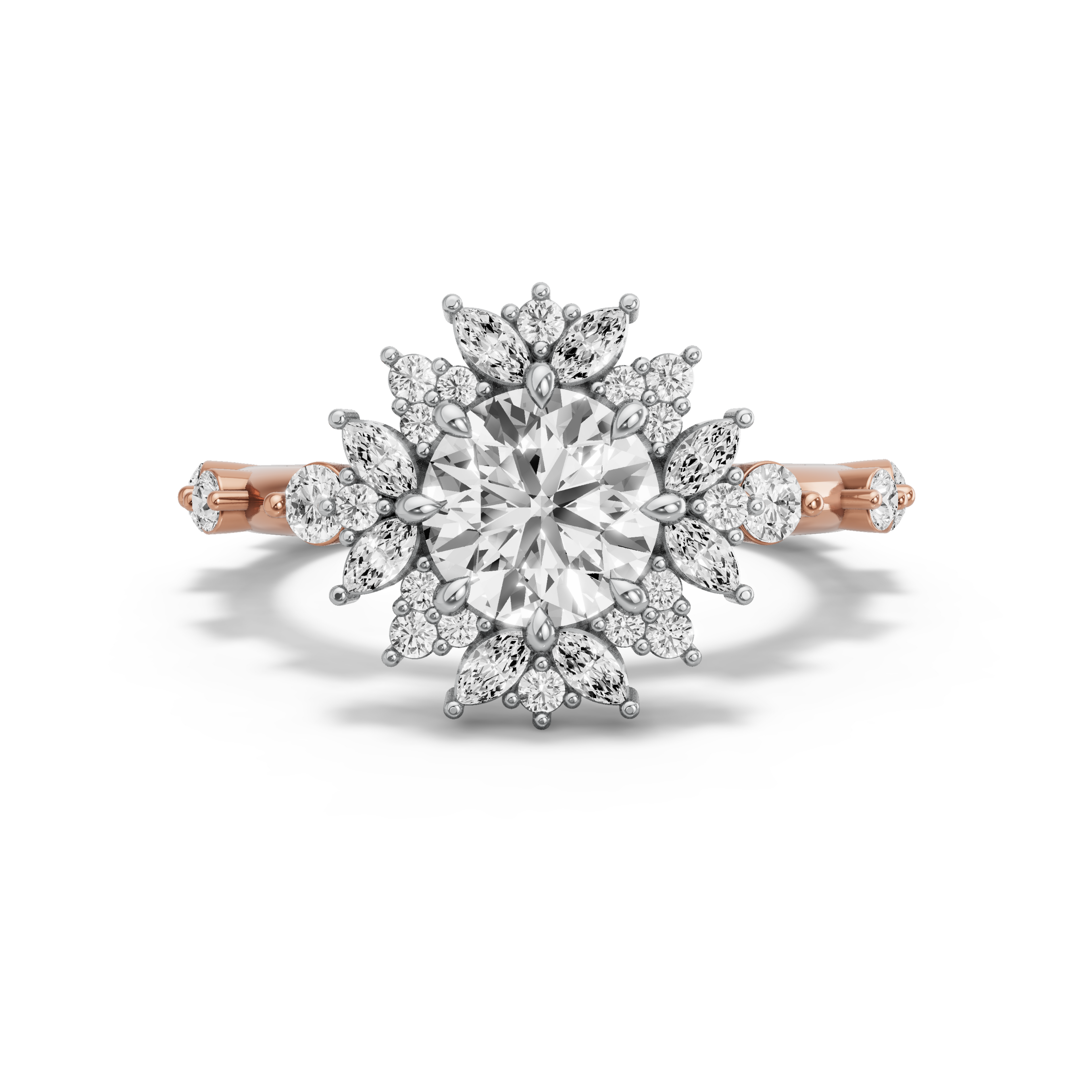 Image for Round Fancy Halo Ring with Floating Station band in 18K Two Tone Rose Gold