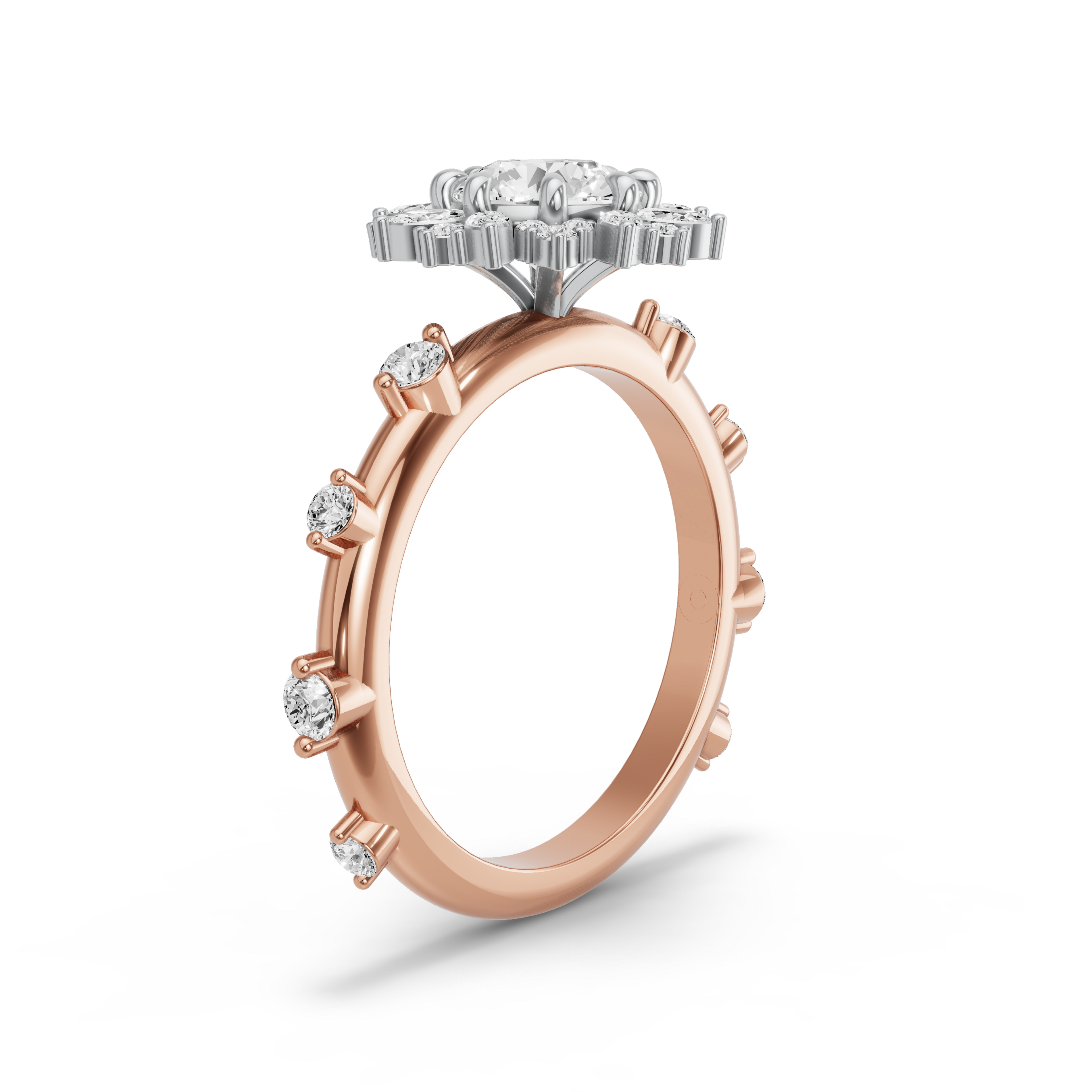 Image for Round Fancy Halo Ring with Floating Station band in 18K Two Tone Rose Gold