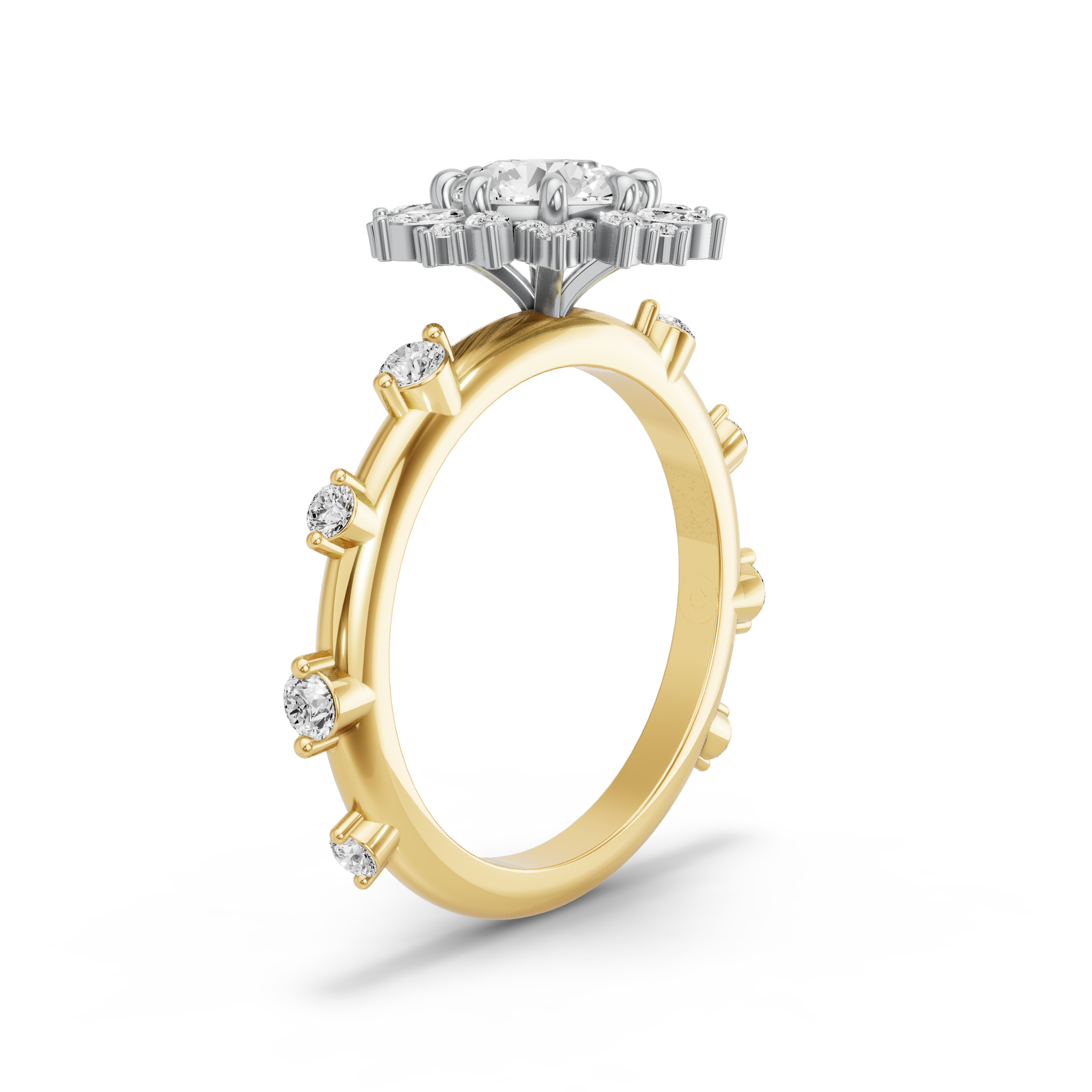 Image for Round Fancy Halo Ring with Floating Station band in 10K Two Tone Yellow Gold