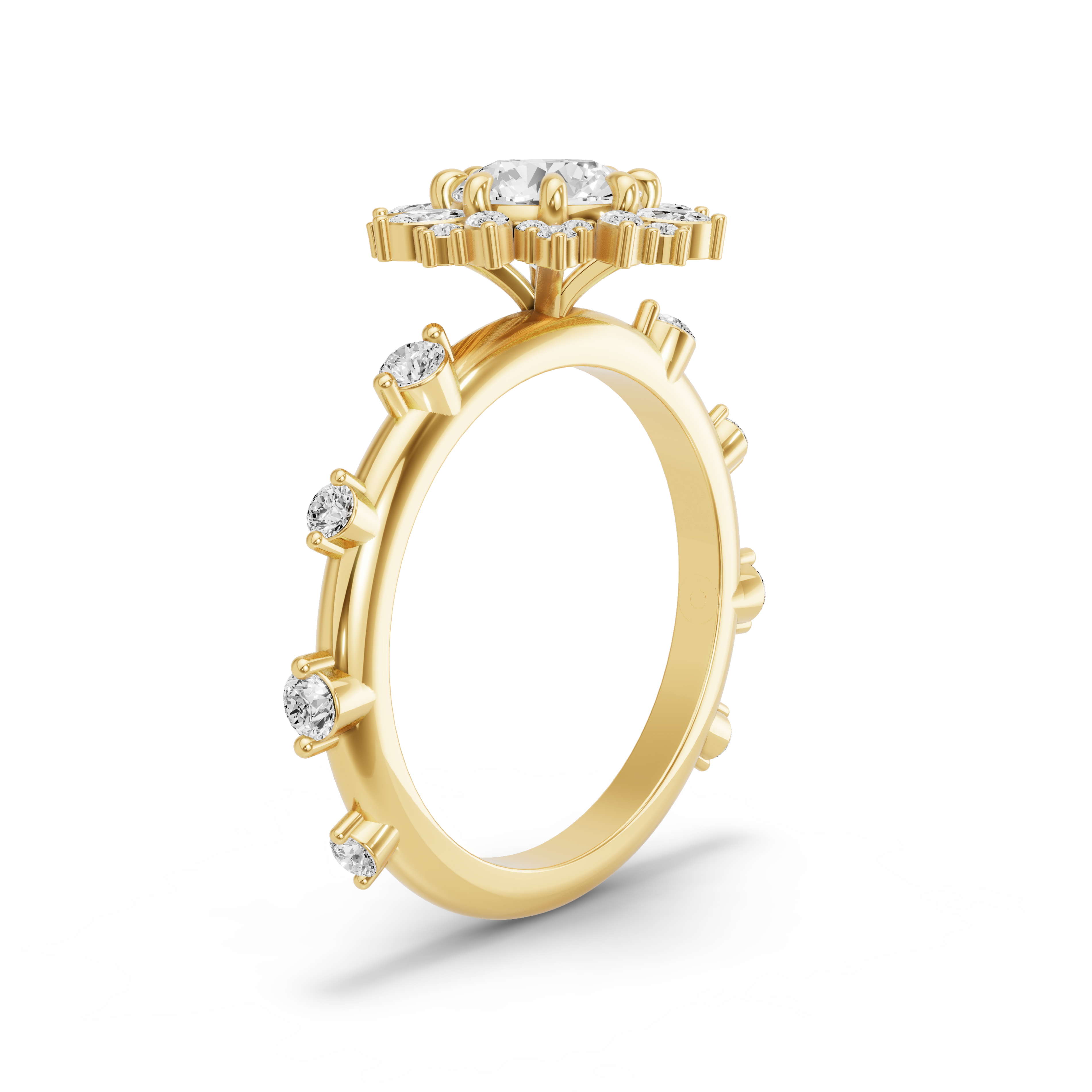 Image for Round Fancy Halo Ring with Floating Station band in 18K Yellow Gold