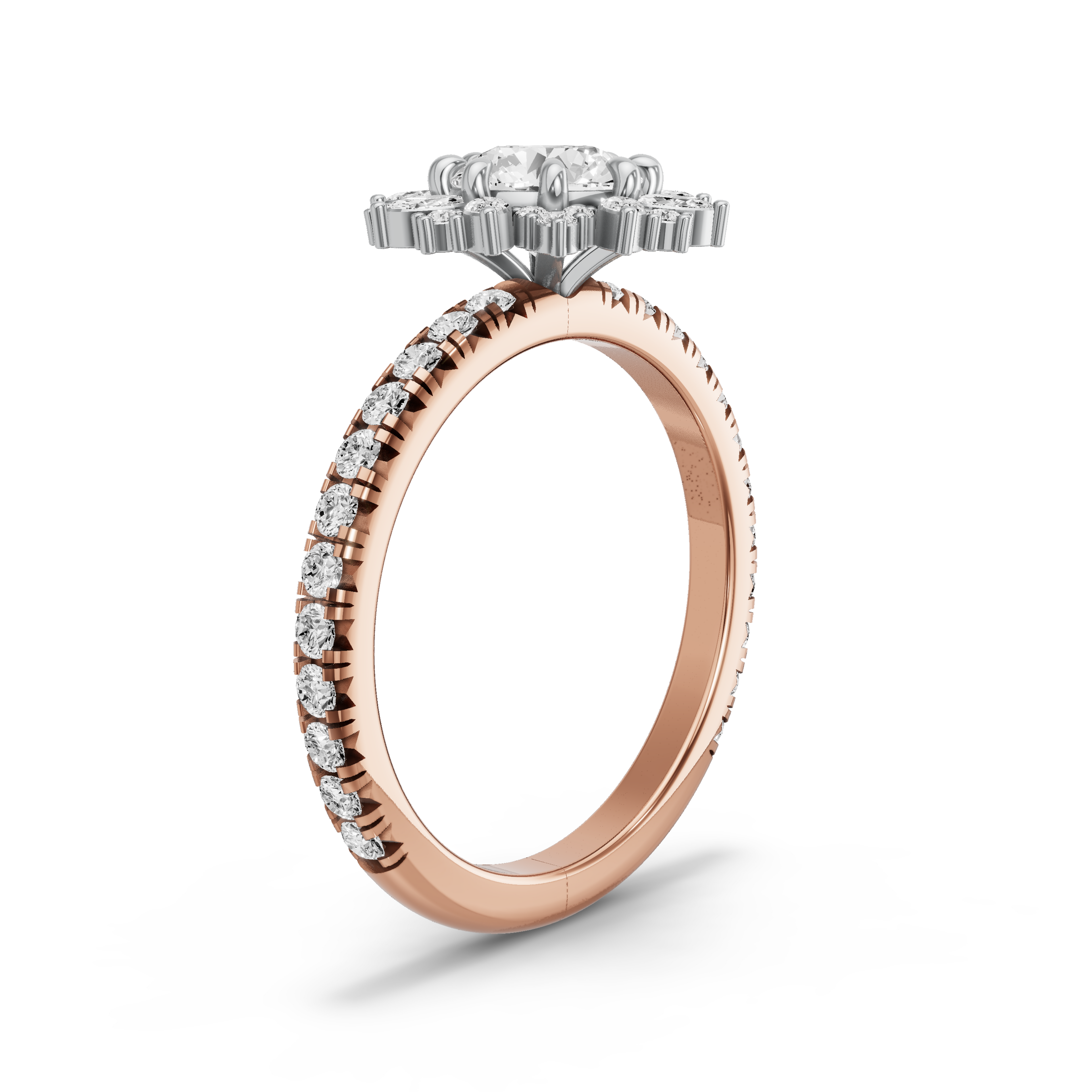 Image for Round Fancy Halo Ring with French Pave band in 18K Two Tone Rose Gold