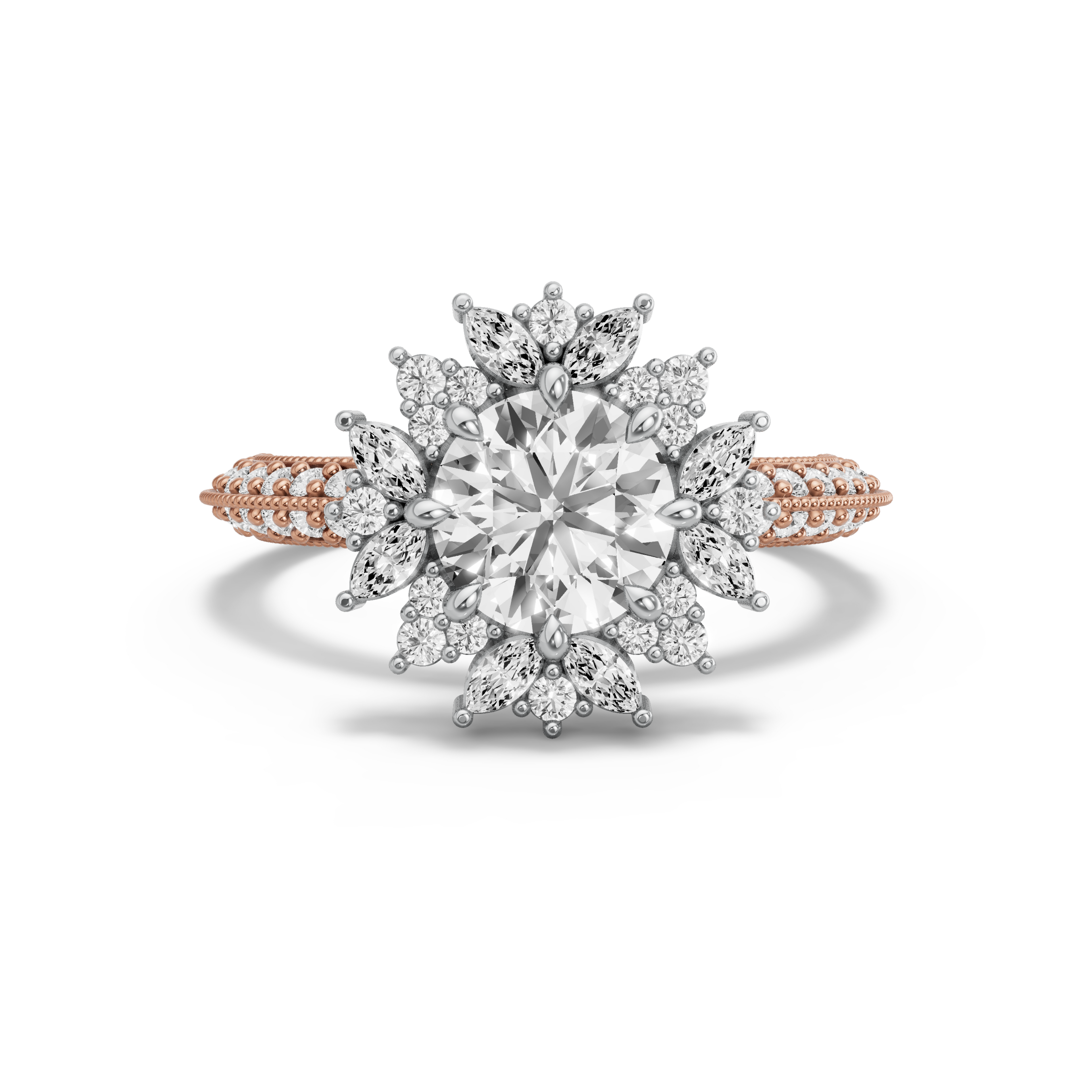 Image for Round Fancy Halo Ring with Knife Edge Pave band in 10K Two Tone Rose Gold