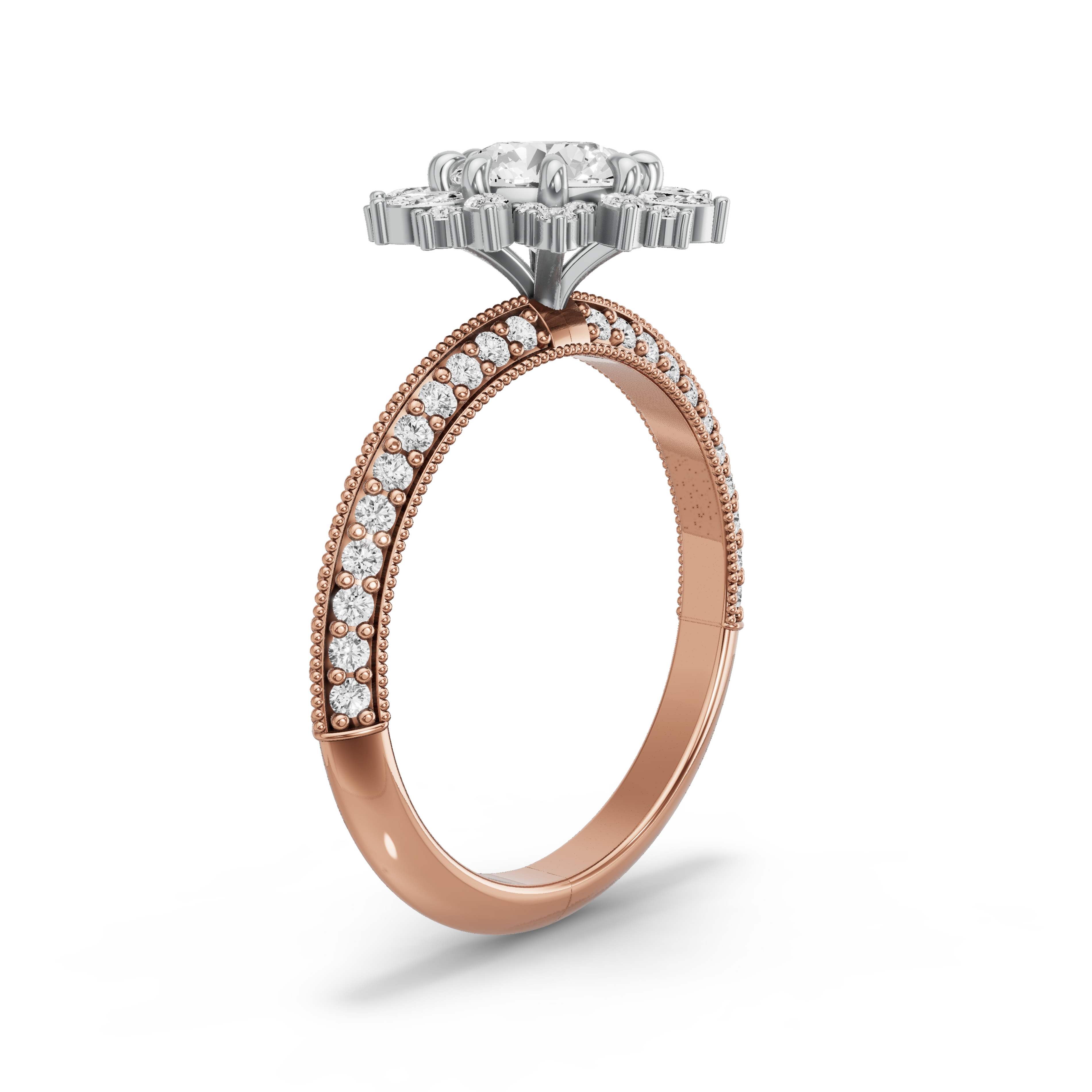 Image for Round Fancy Halo Ring with Knife Edge Pave band in 10K Two Tone Rose Gold