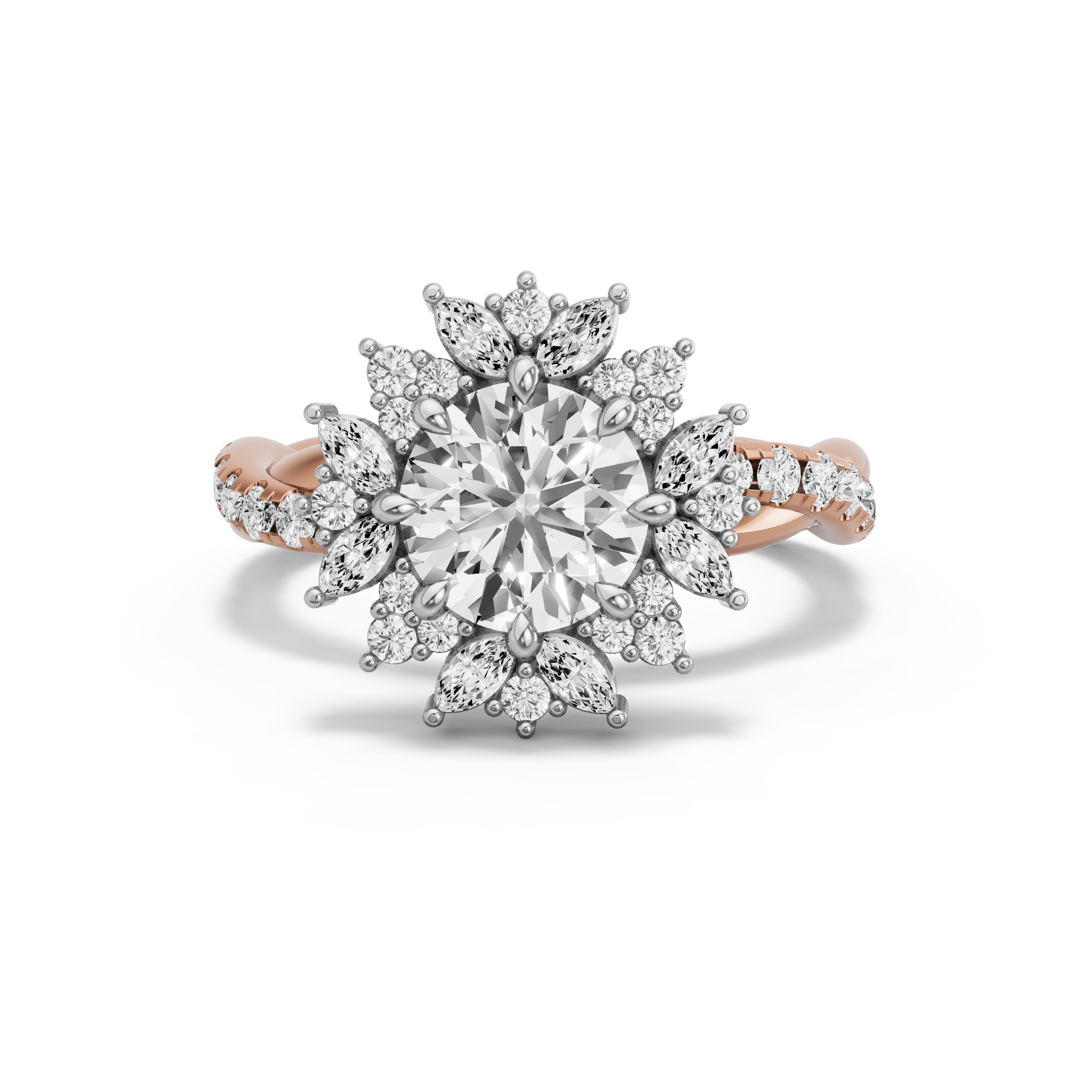 Image for Round Fancy Halo Ring with Rope Pave band in 10K Two Tone Rose Gold