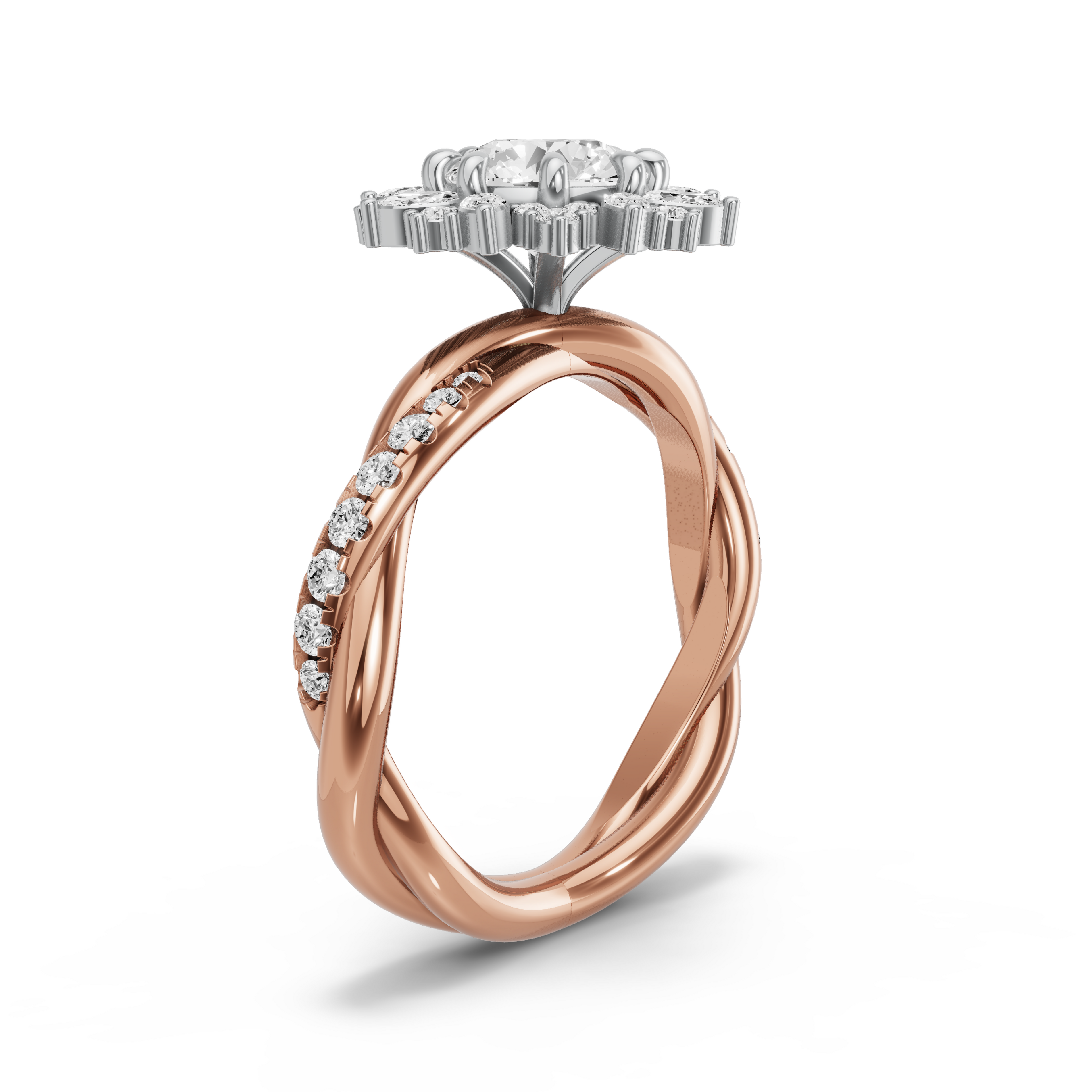 Image for Round Fancy Halo Ring with Rope Pave band in 10K Two Tone Rose Gold