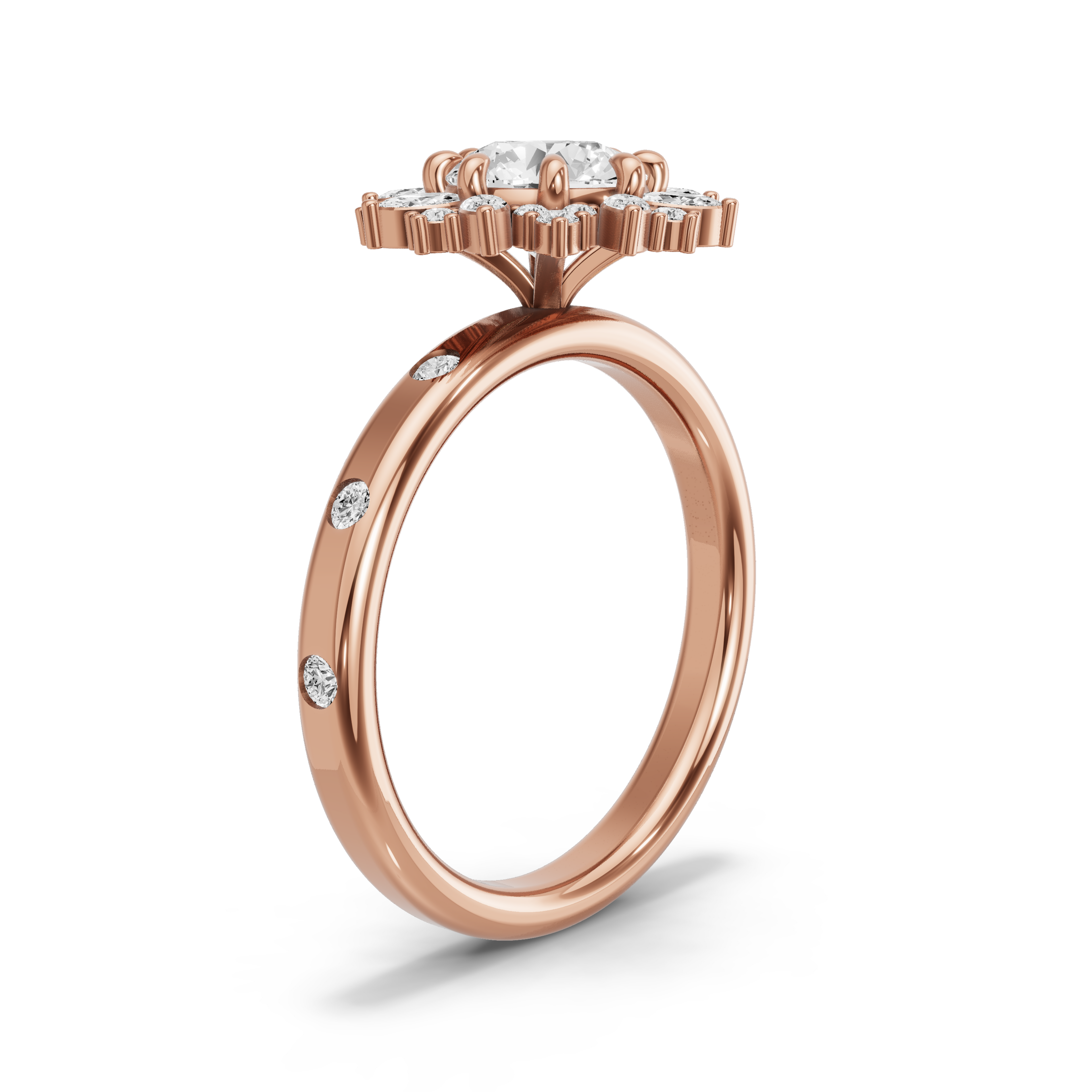 Image for Round Fancy Halo Ring with Sleek Accent band in 18K Rose Gold