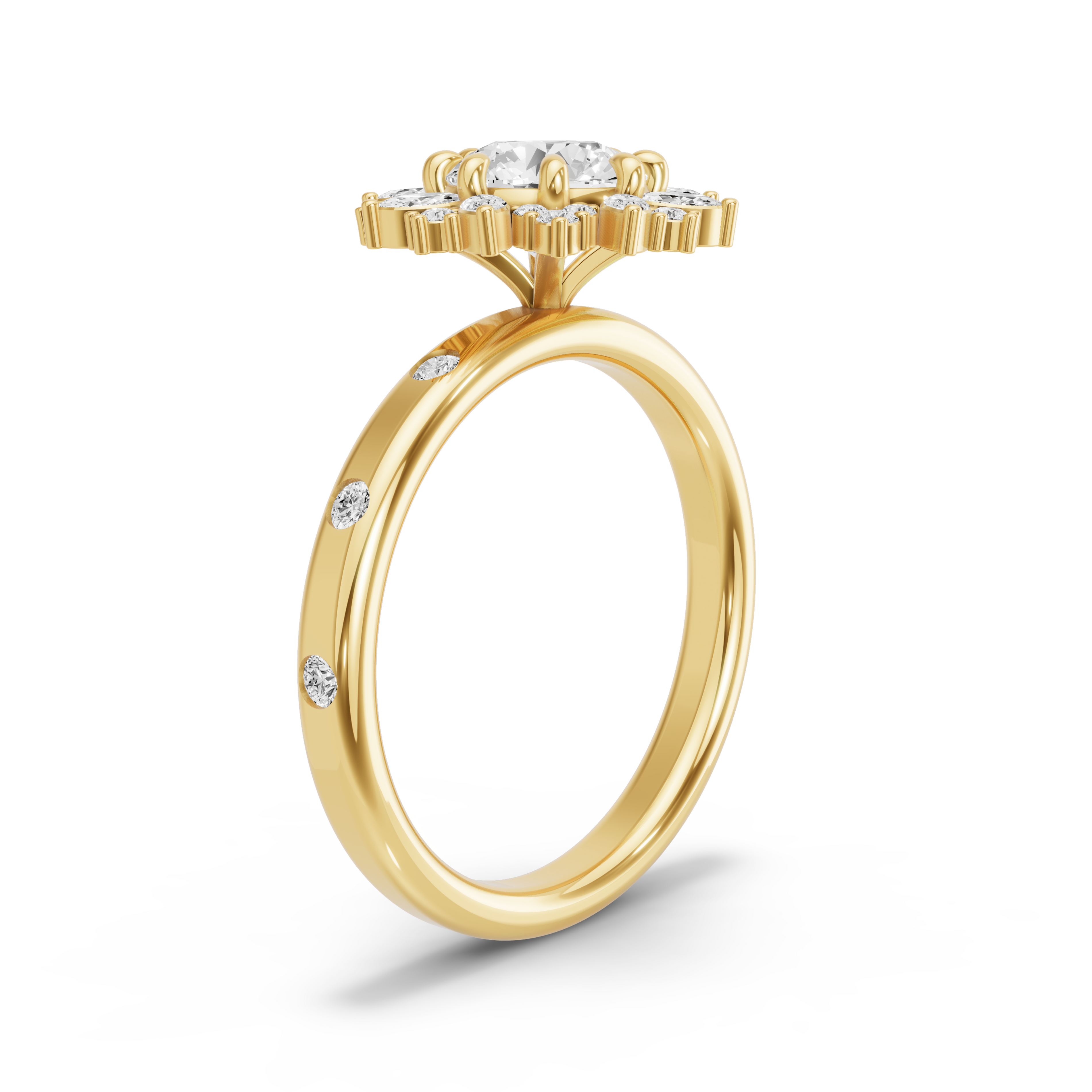 Image for Round Fancy Halo Ring with Sleek Accent band in 14K Yellow Gold