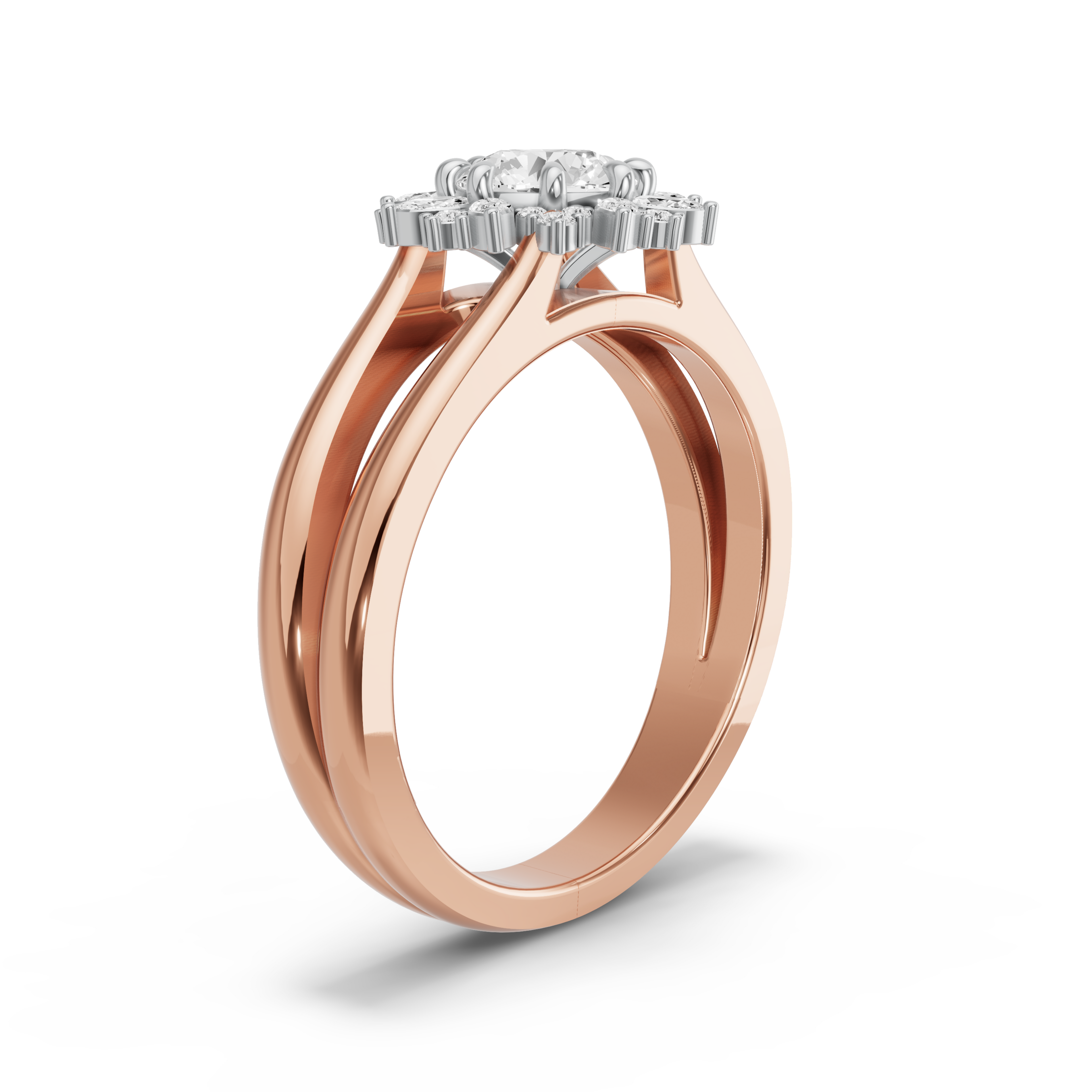 Image for Round Fancy Halo Ring with Split Ring Solitaire band in 18K Two Tone Rose Gold