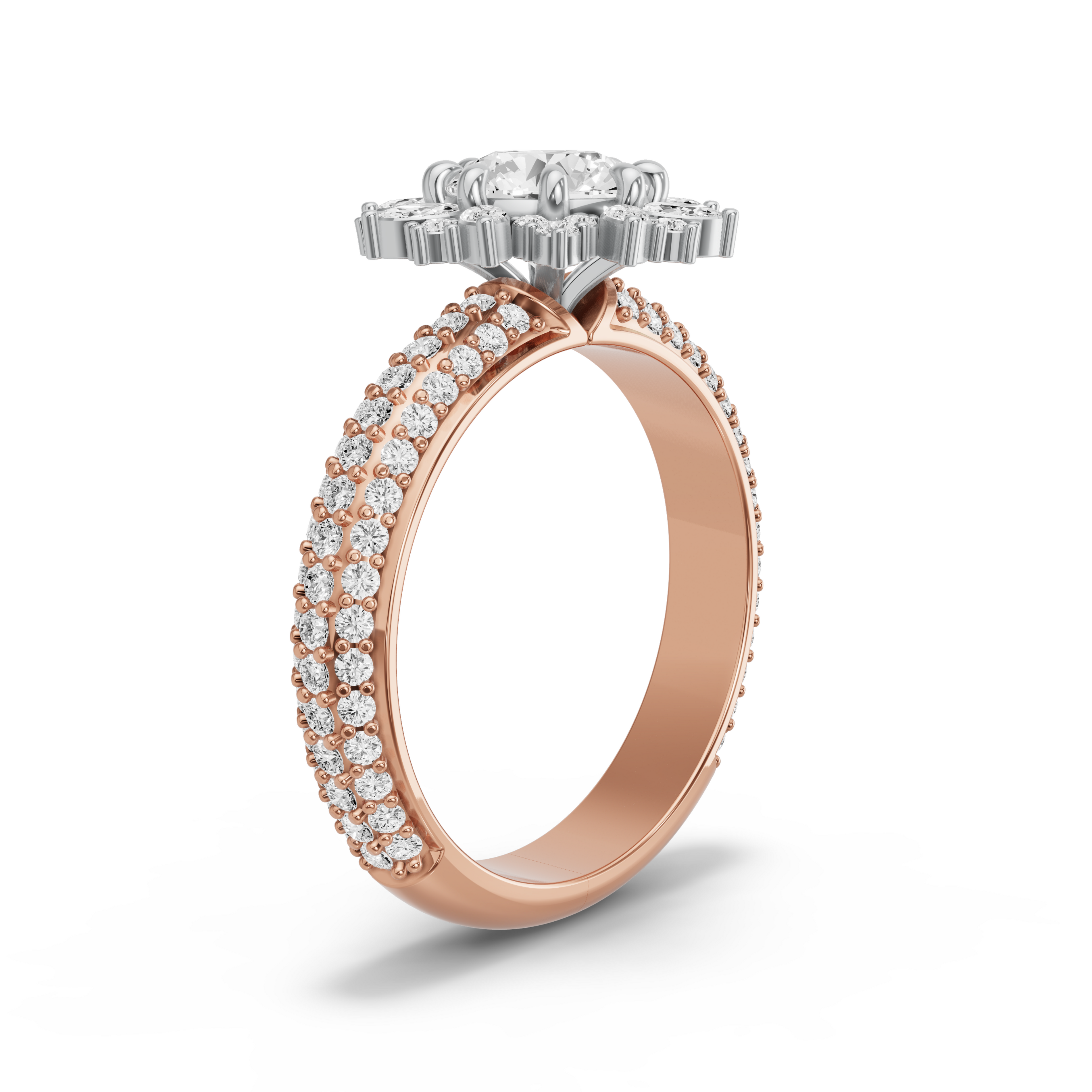 Image for Round Fancy Halo Ring with Triple Row Pave band in 10K Two Tone Rose Gold