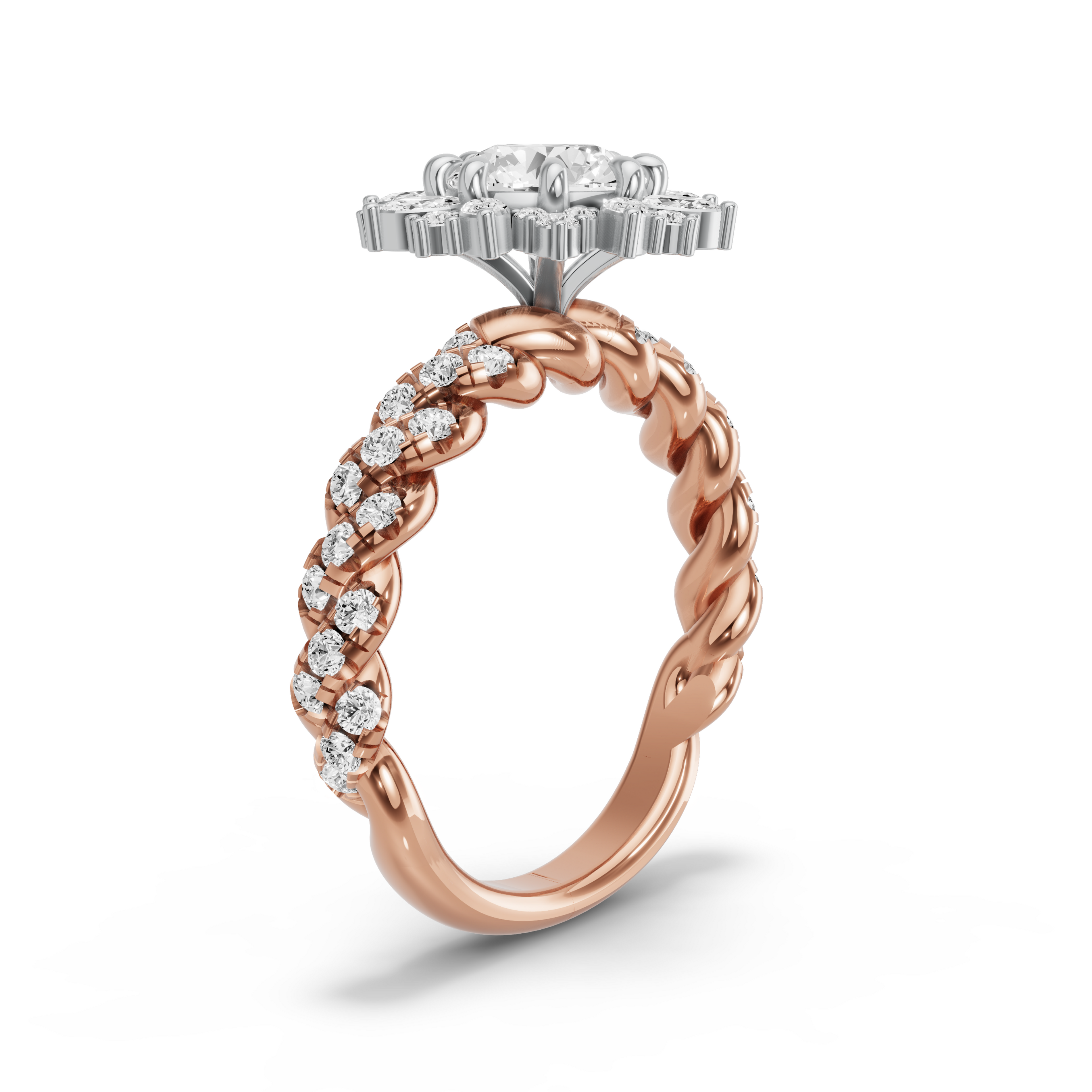 Image for Round Fancy Halo Ring with Twist Pave band in 10K Two Tone Rose Gold