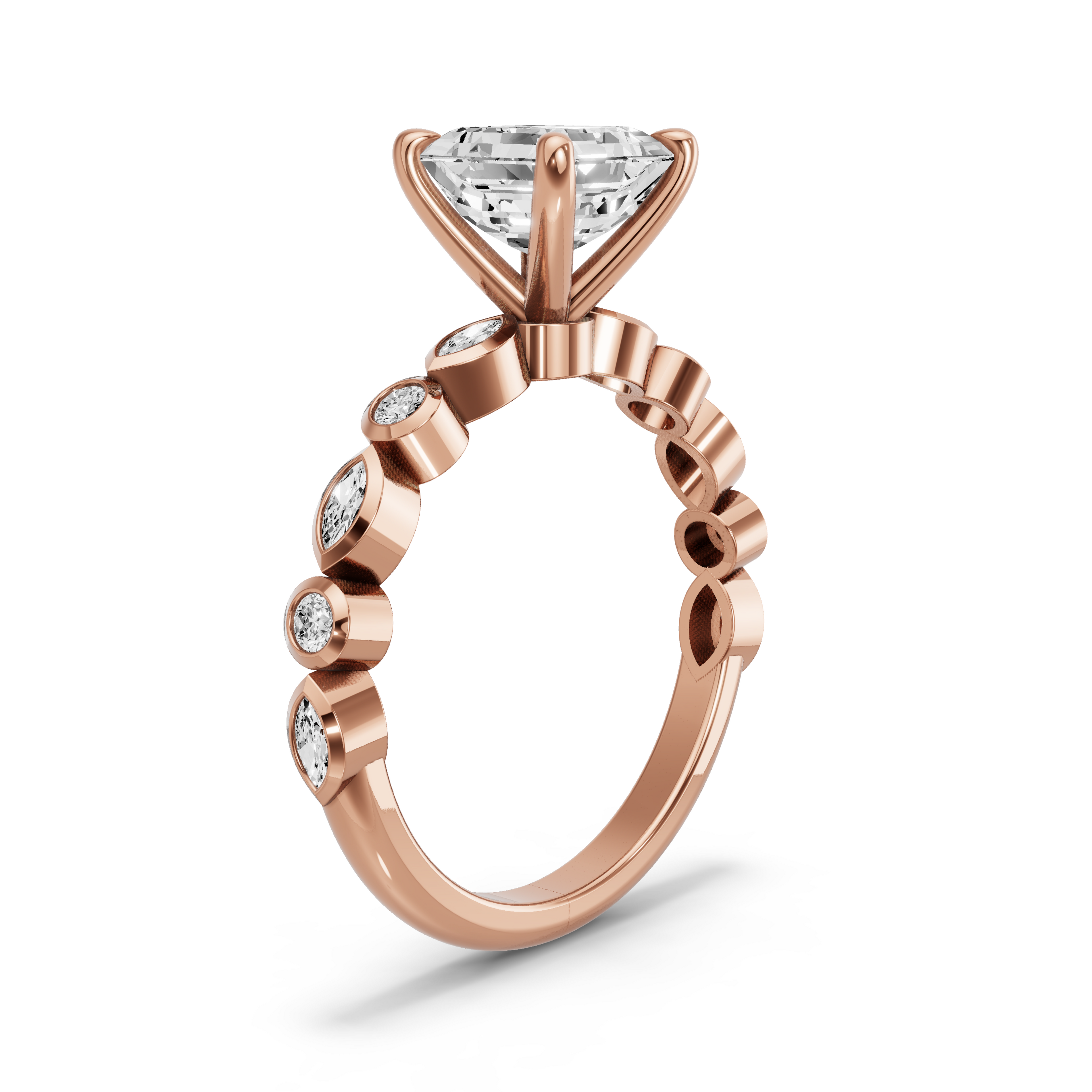 Image for Asscher Four Prong Ring with Alternating Marquise band in 18K Yellow Gold