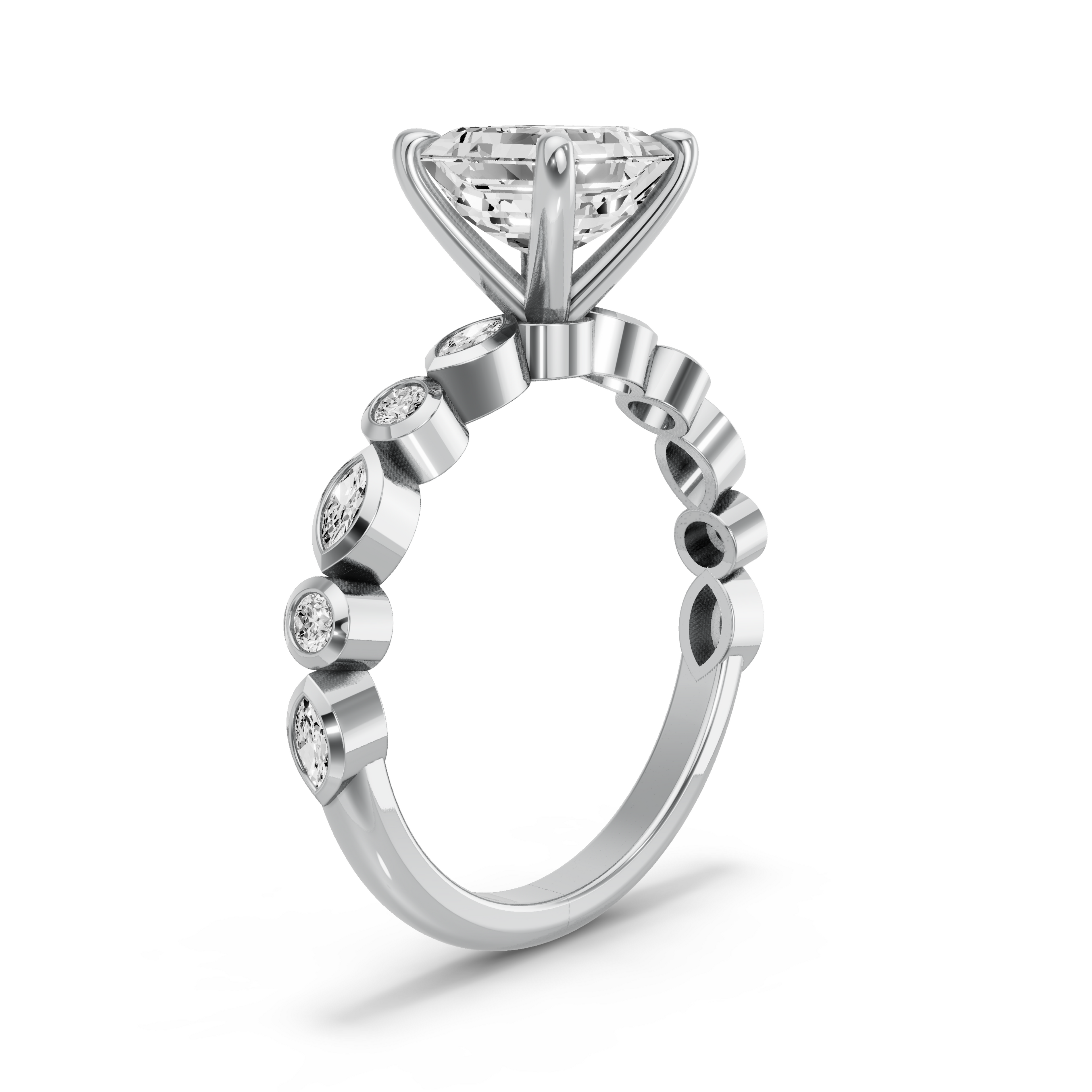 Image for Asscher Four Prong Ring with Alternating Marquise band in 14K Two Tone Rose Gold