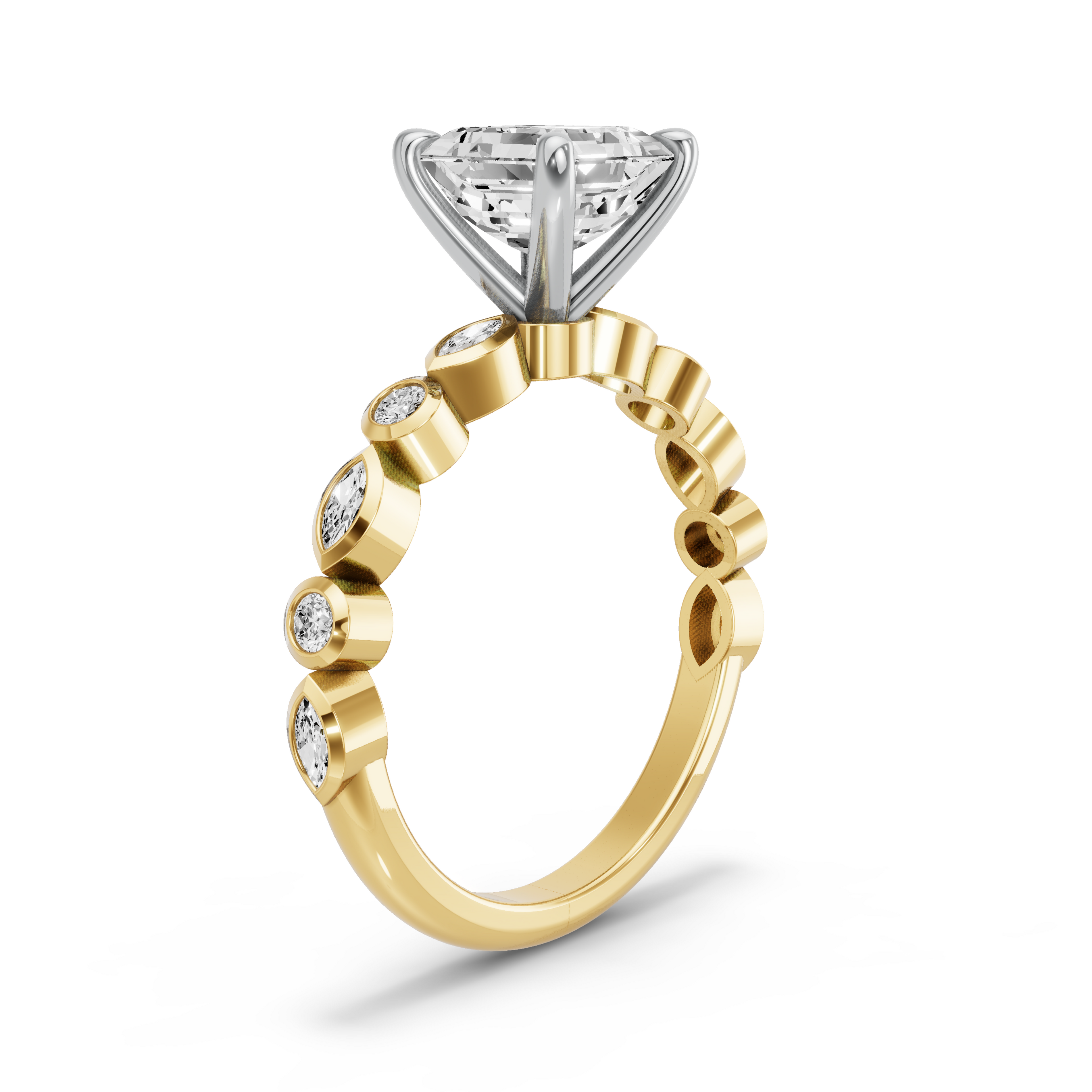 Image for Asscher Four Prong Ring with Alternating Marquise band in 18K Rose Gold
