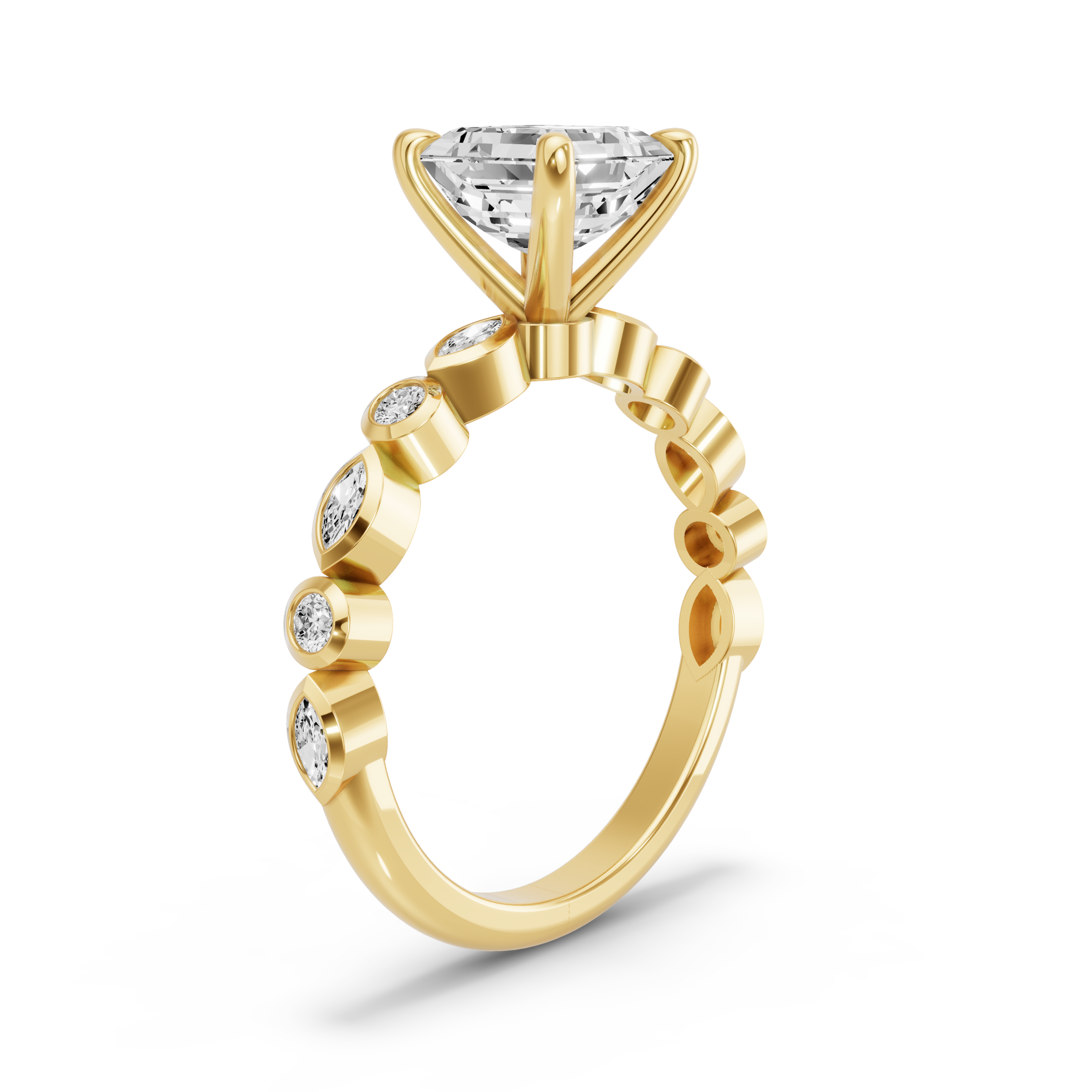 Image for Asscher Four Prong Ring with Alternating Marquise band in 10K White Gold