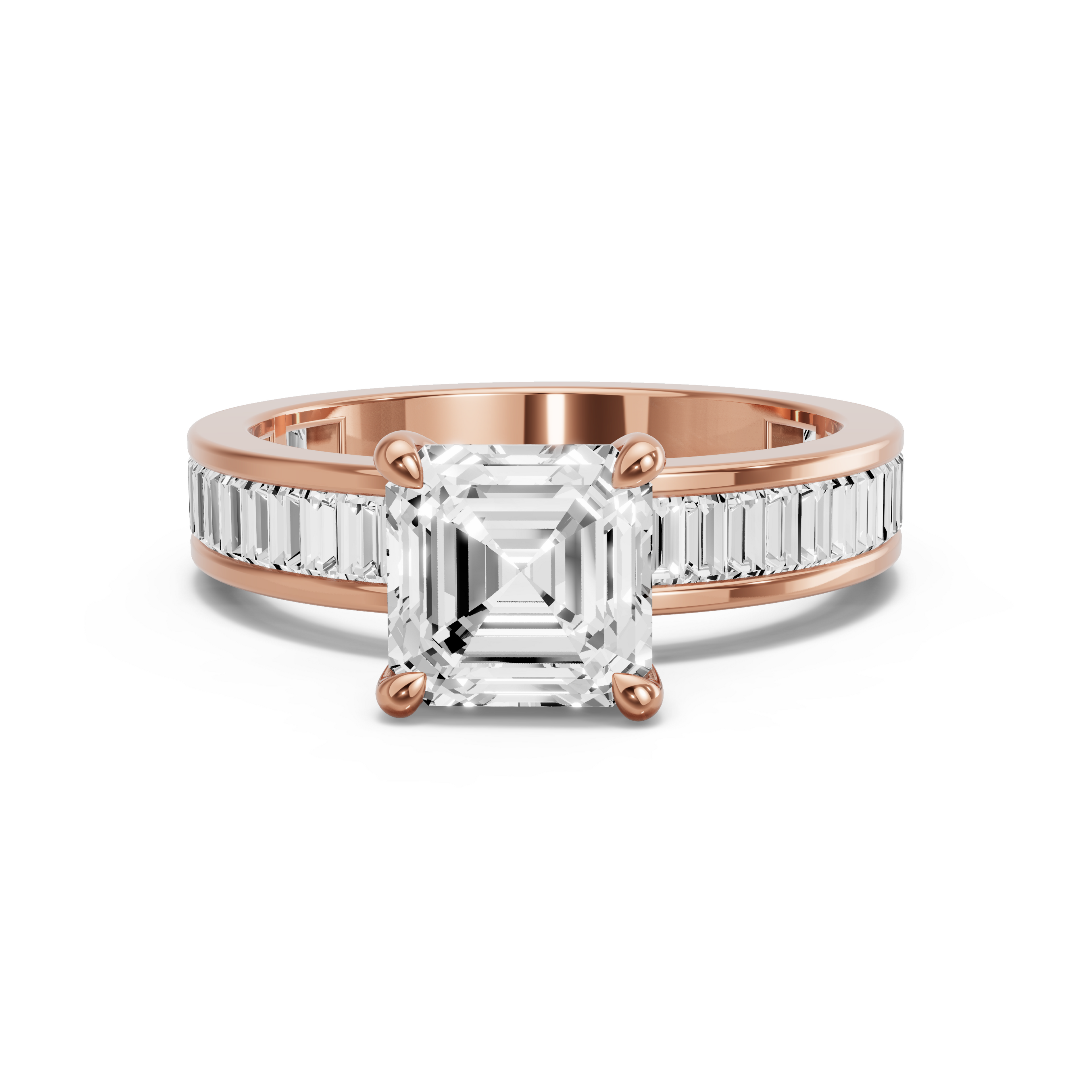 Image for Asscher Four Prong Ring with Baguette Channel band in 14K Yellow Gold