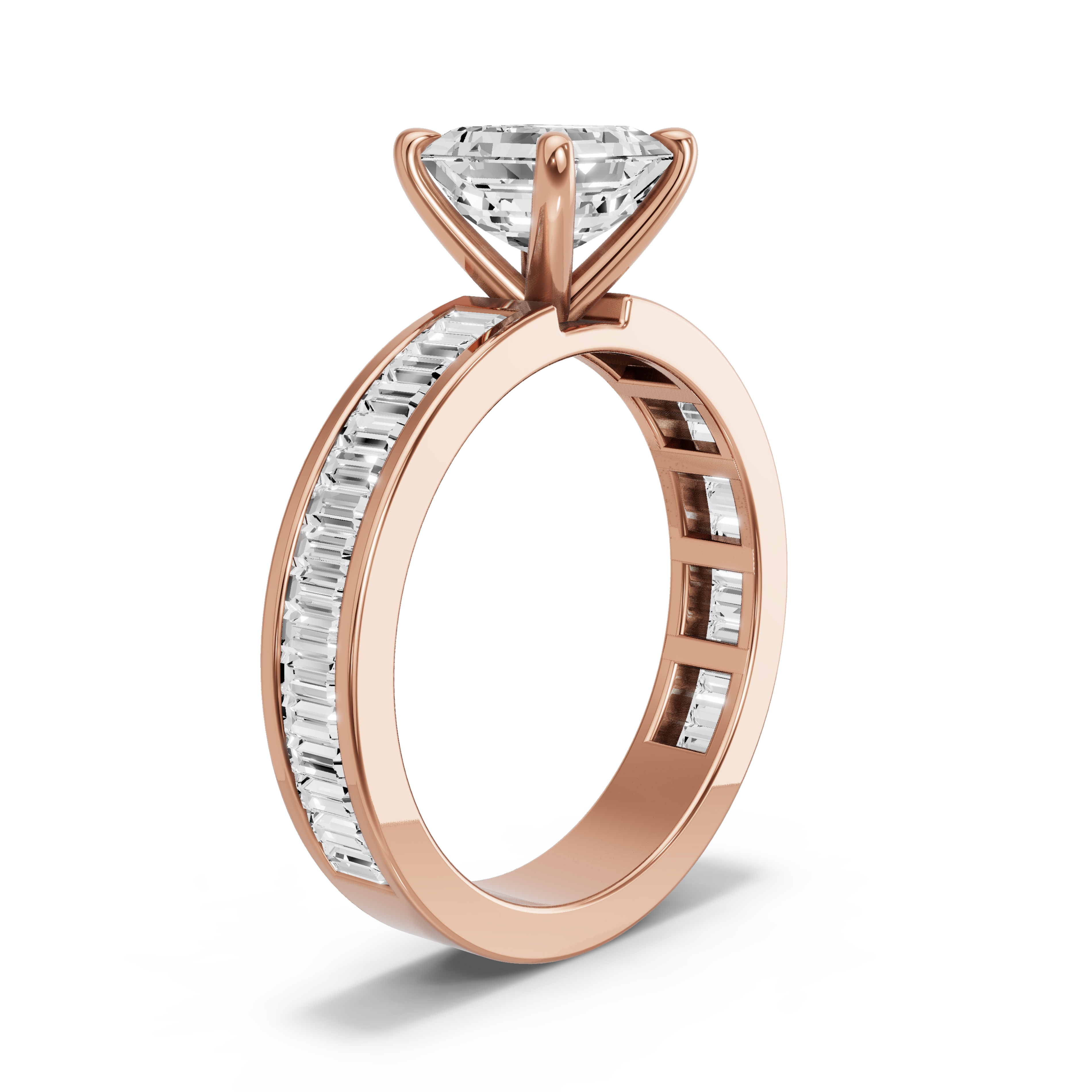Image for Asscher Four Prong Ring with Baguette Channel band in 18K Yellow Gold