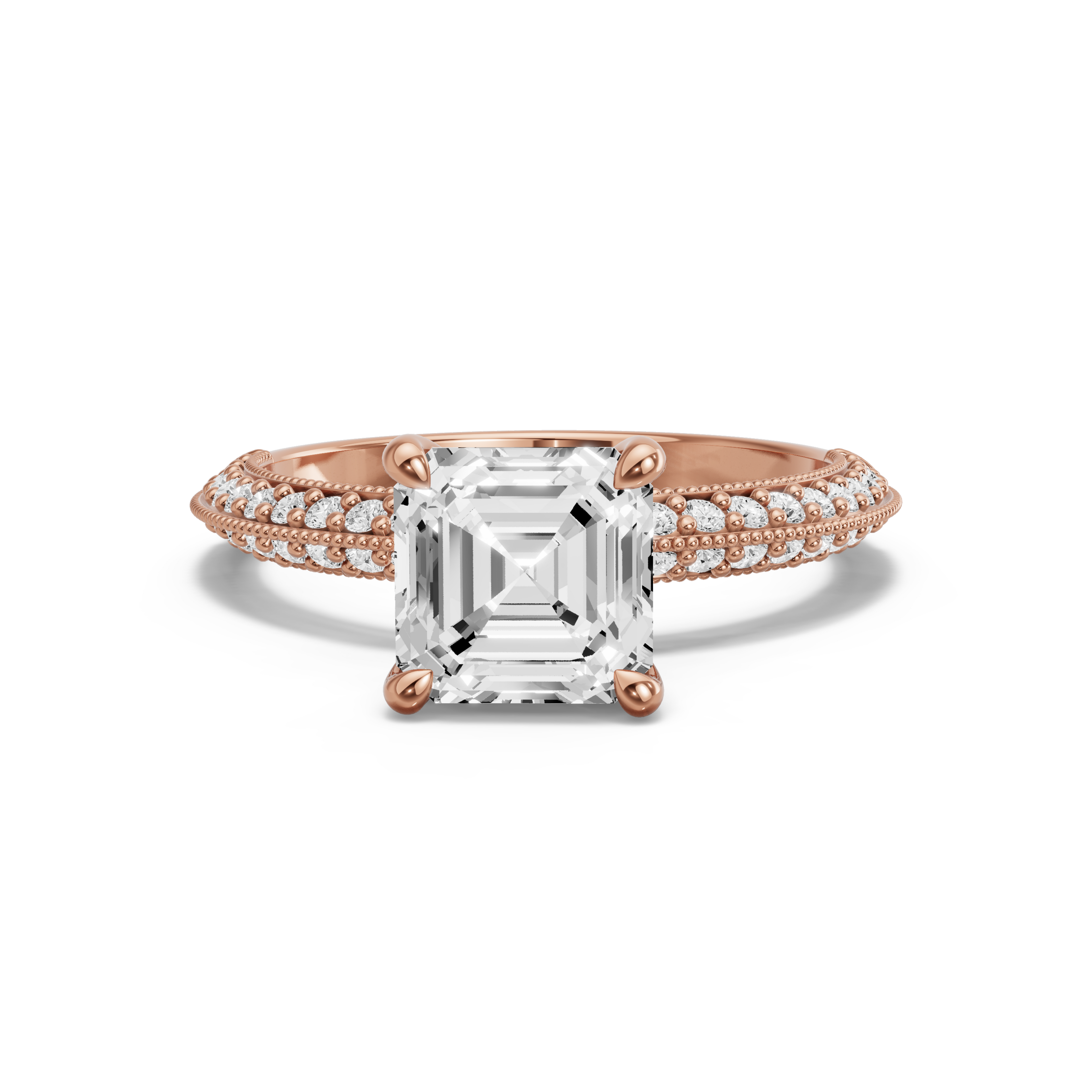 Image for Asscher Four Prong Ring with Knife Edge Pave band in 14K Yellow Gold