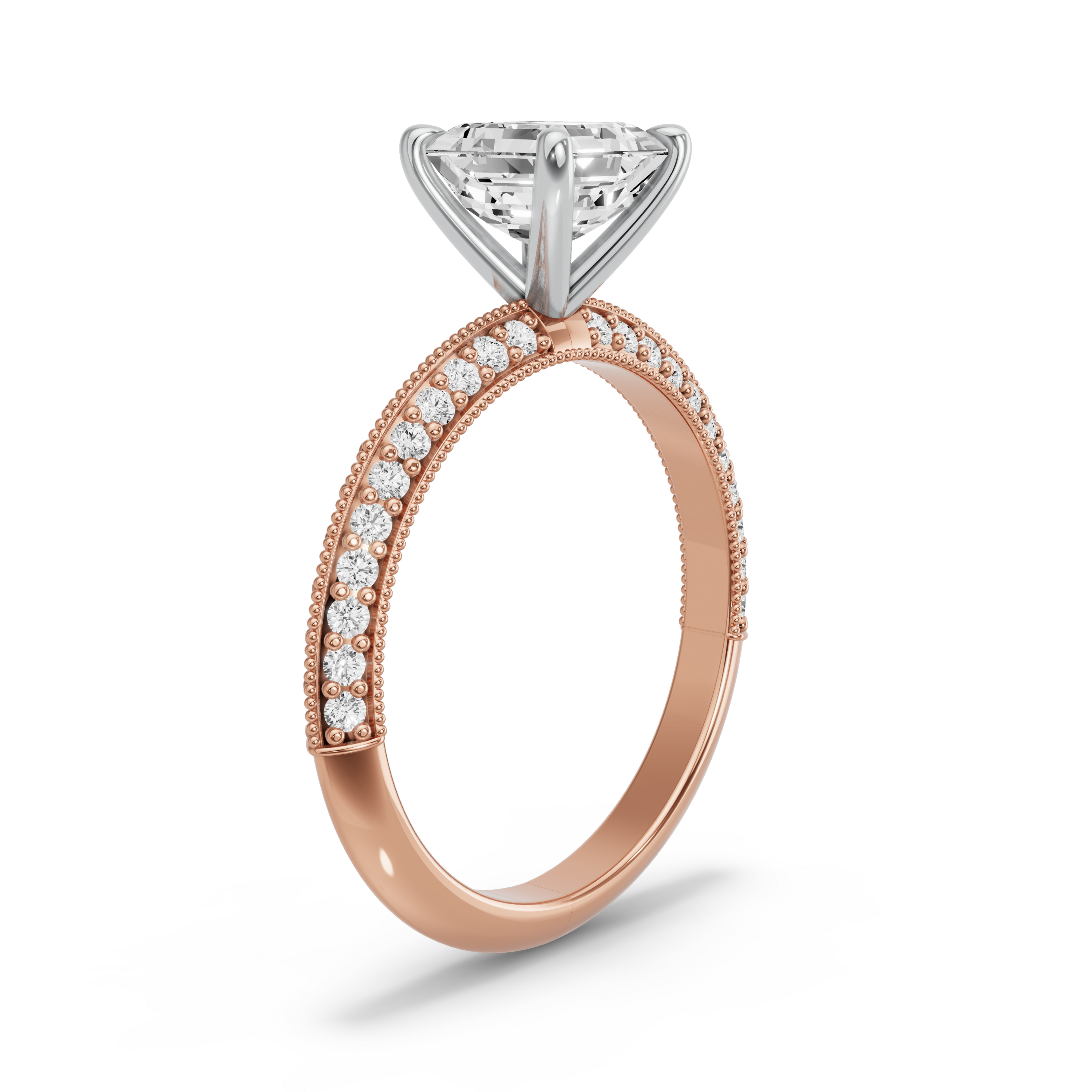 Image for Asscher Four Prong Ring with Knife Edge Pave band in 18K Two Tone Rose Gold