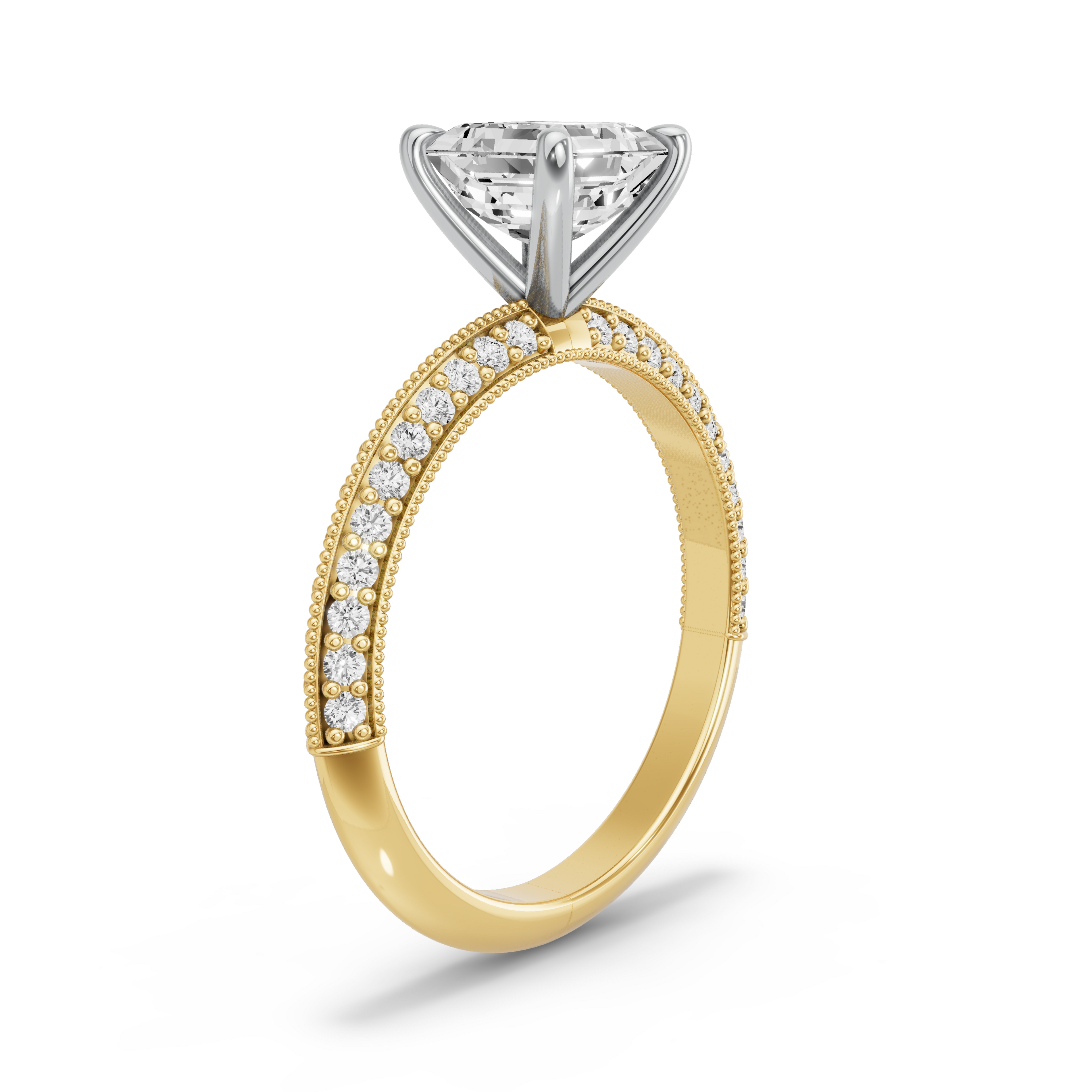 Image for Asscher Four Prong Ring with Knife Edge Pave band in 18K Rose Gold