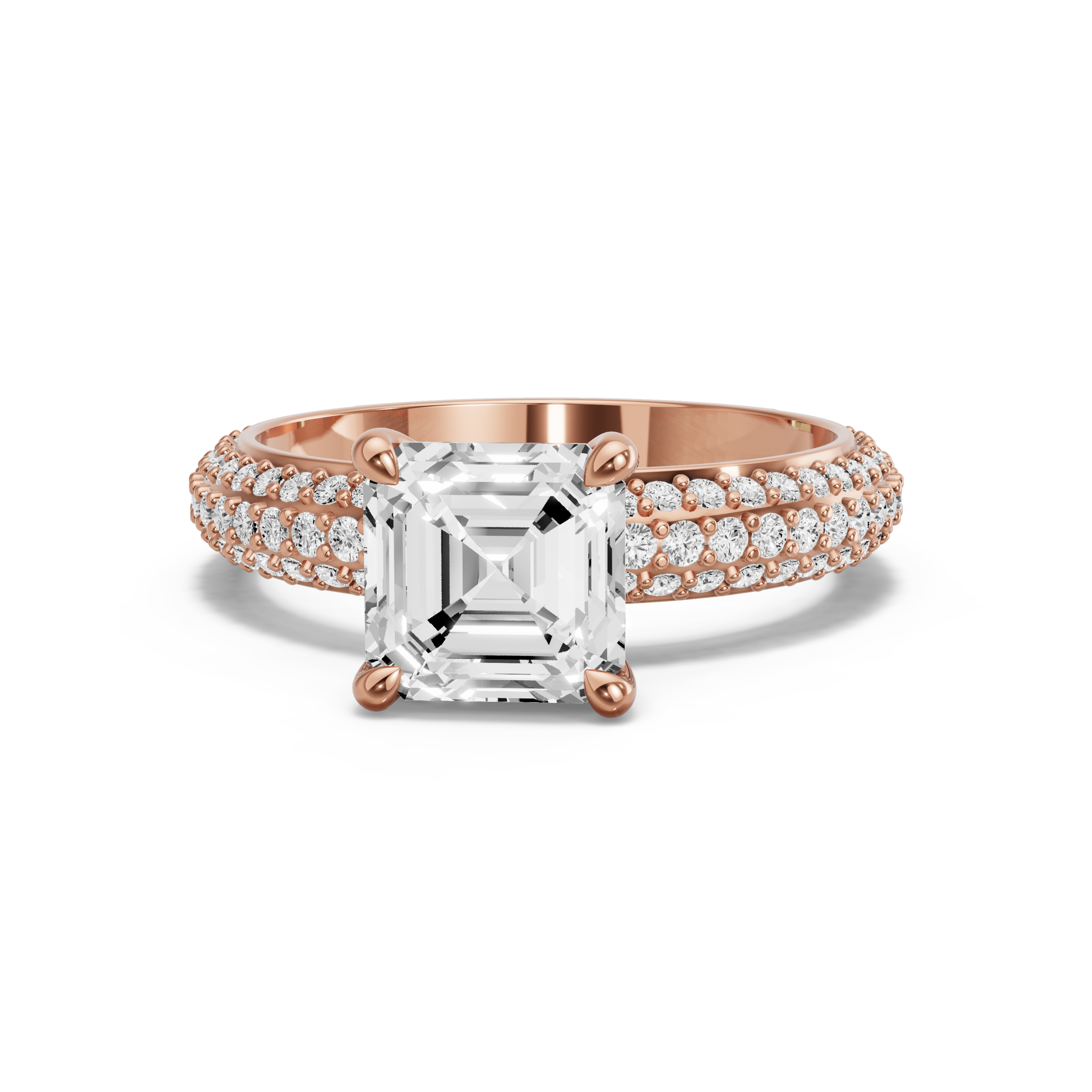 Image for Asscher Four Prong Ring with Triple Row Pave band in 10K Yellow Gold