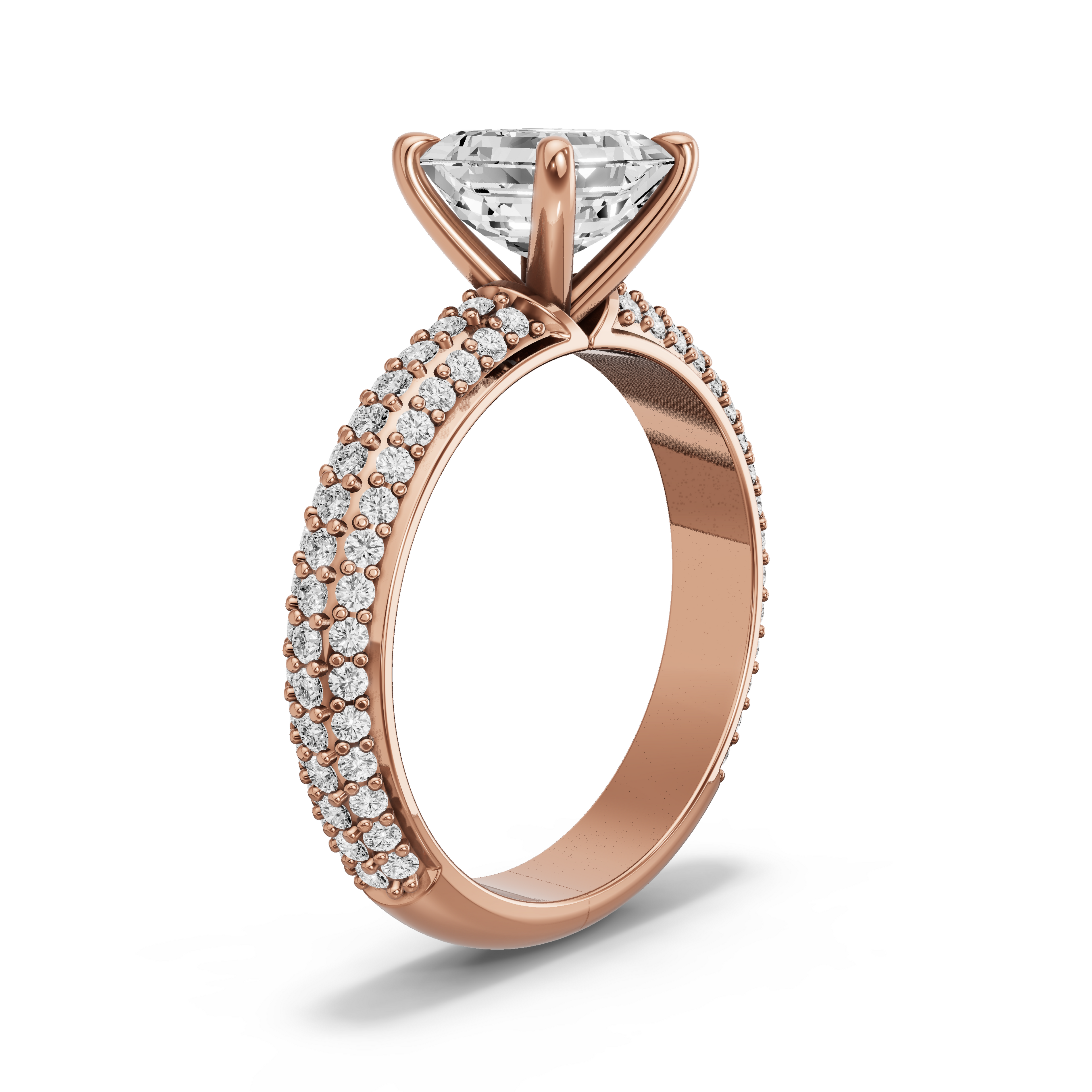 Image for Asscher Four Prong Ring with Triple Row Pave band in 18K Yellow Gold
