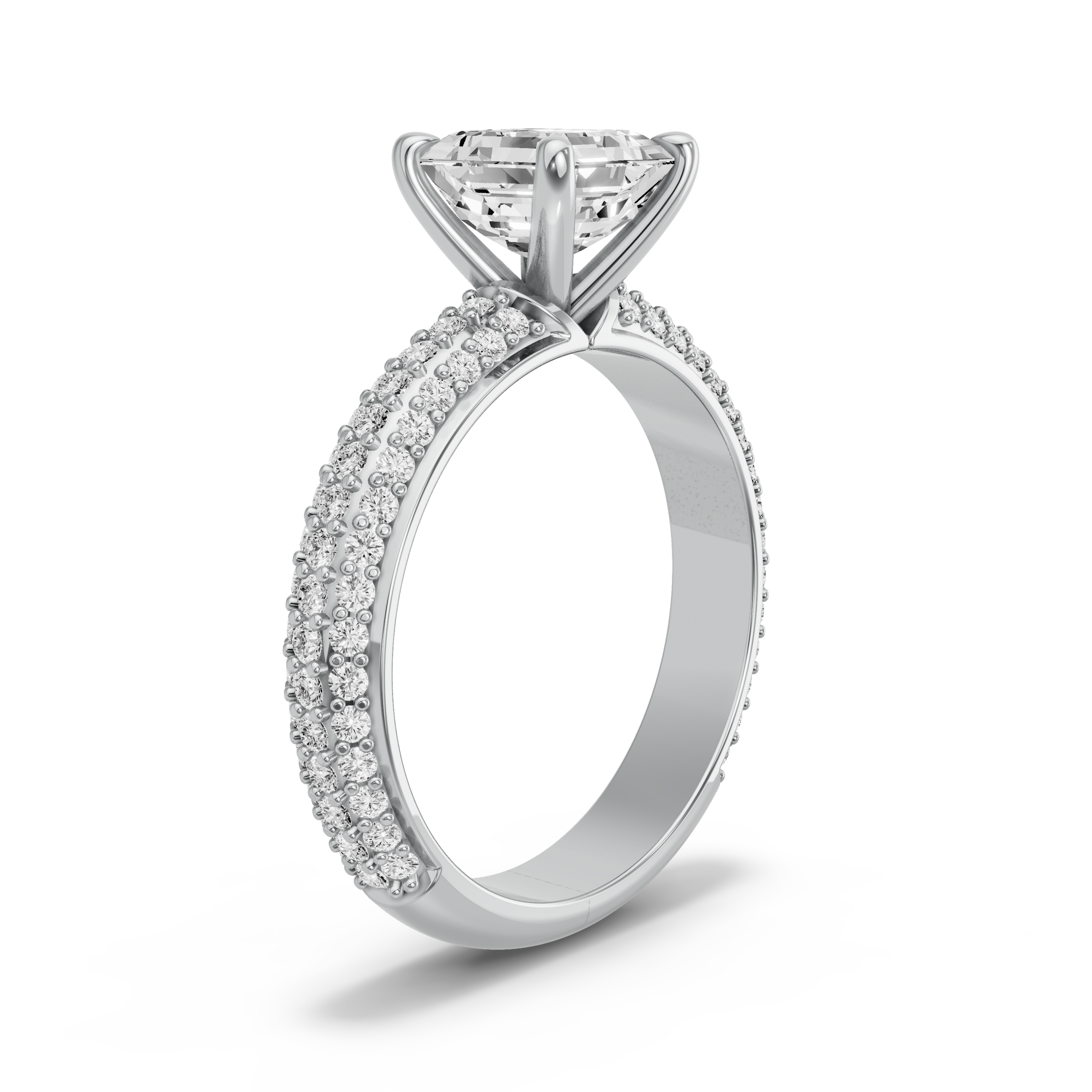 Image for Asscher Four Prong Ring with Triple Row Pave band in 18K Two Tone Rose Gold