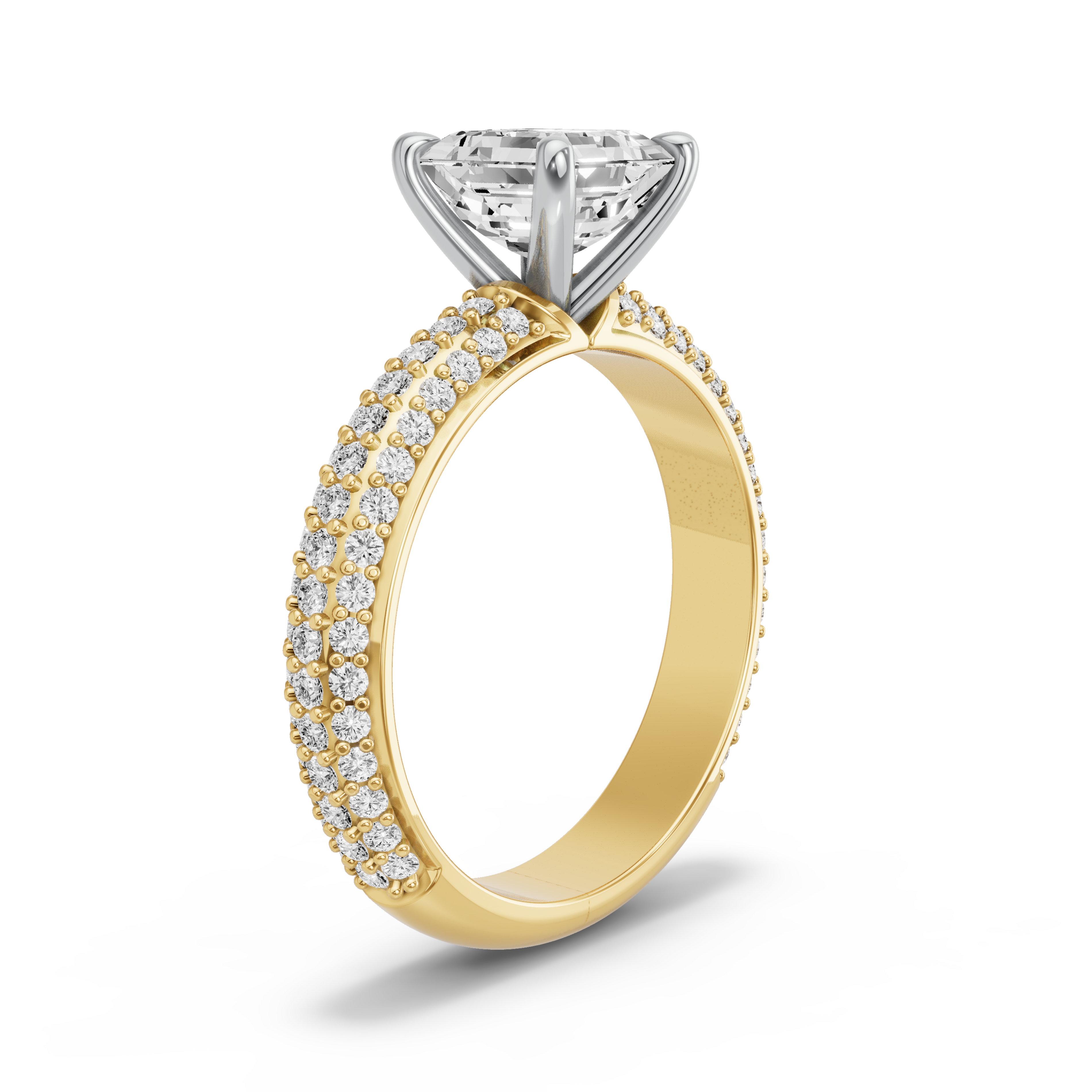 Image for Asscher Four Prong Ring with Triple Row Pave band in 10K Rose Gold
