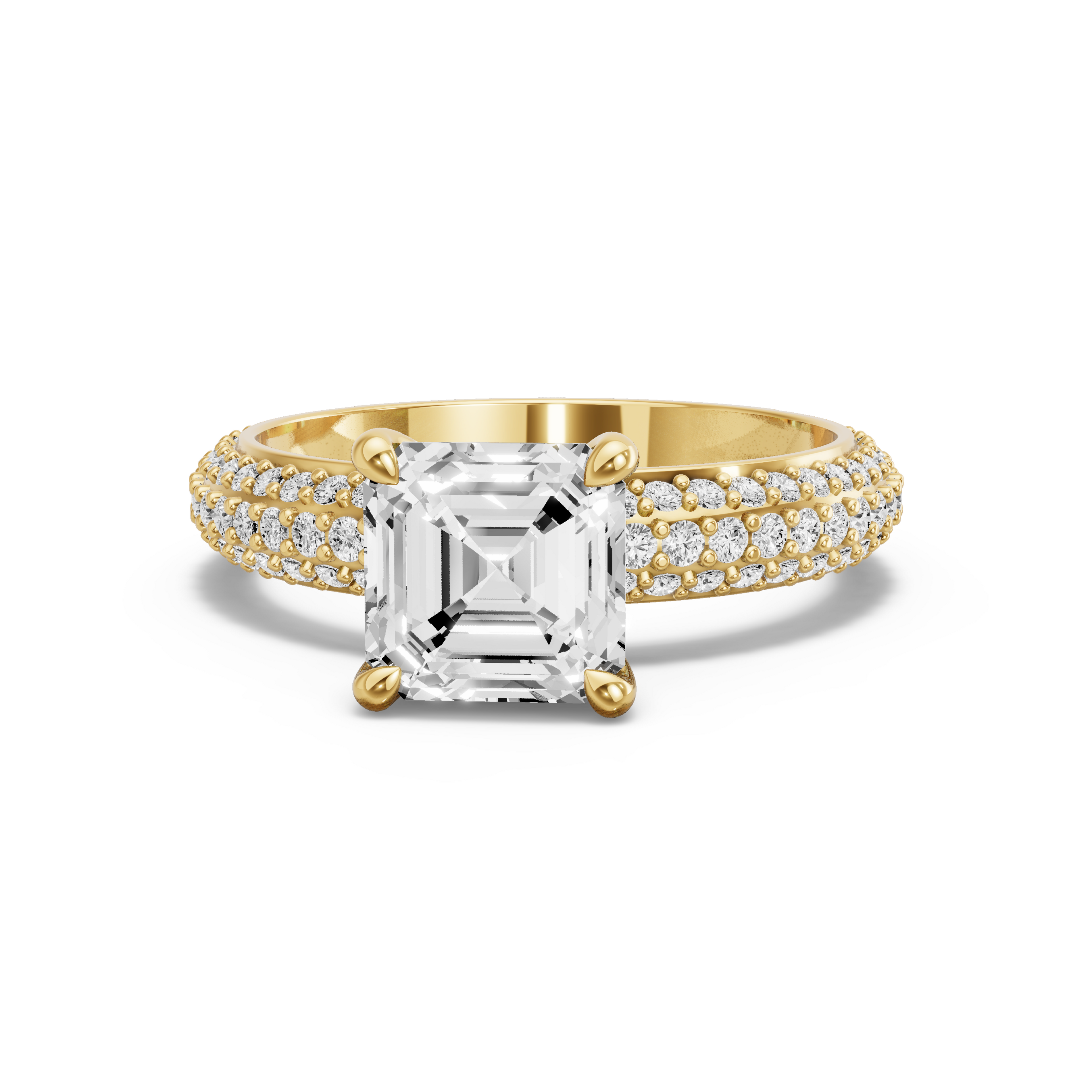 Image for Asscher Four Prong Ring with Triple Row Pave band in 18K White Gold