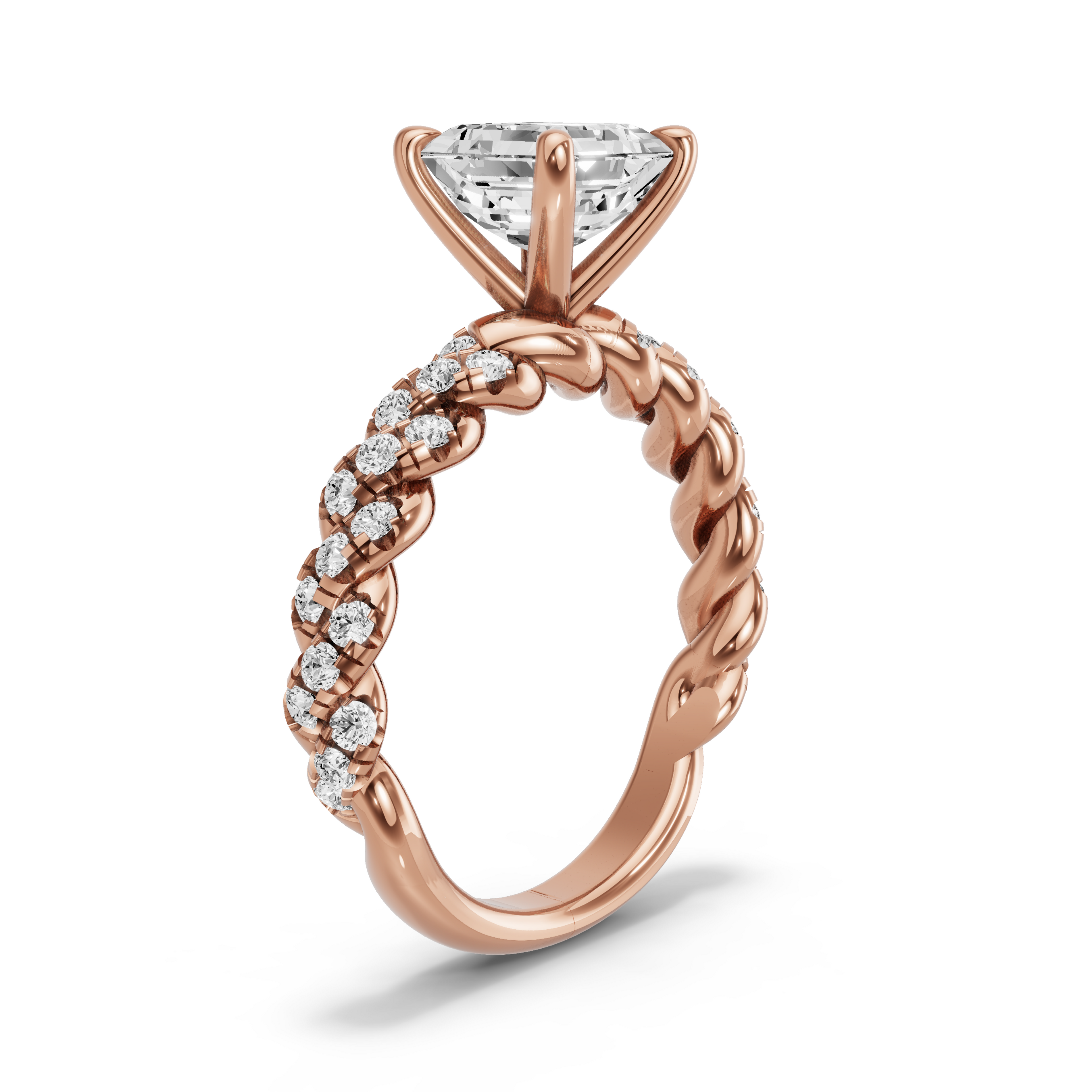 Image for Asscher Four Prong Ring with Twist Pave band in 14K Yellow Gold