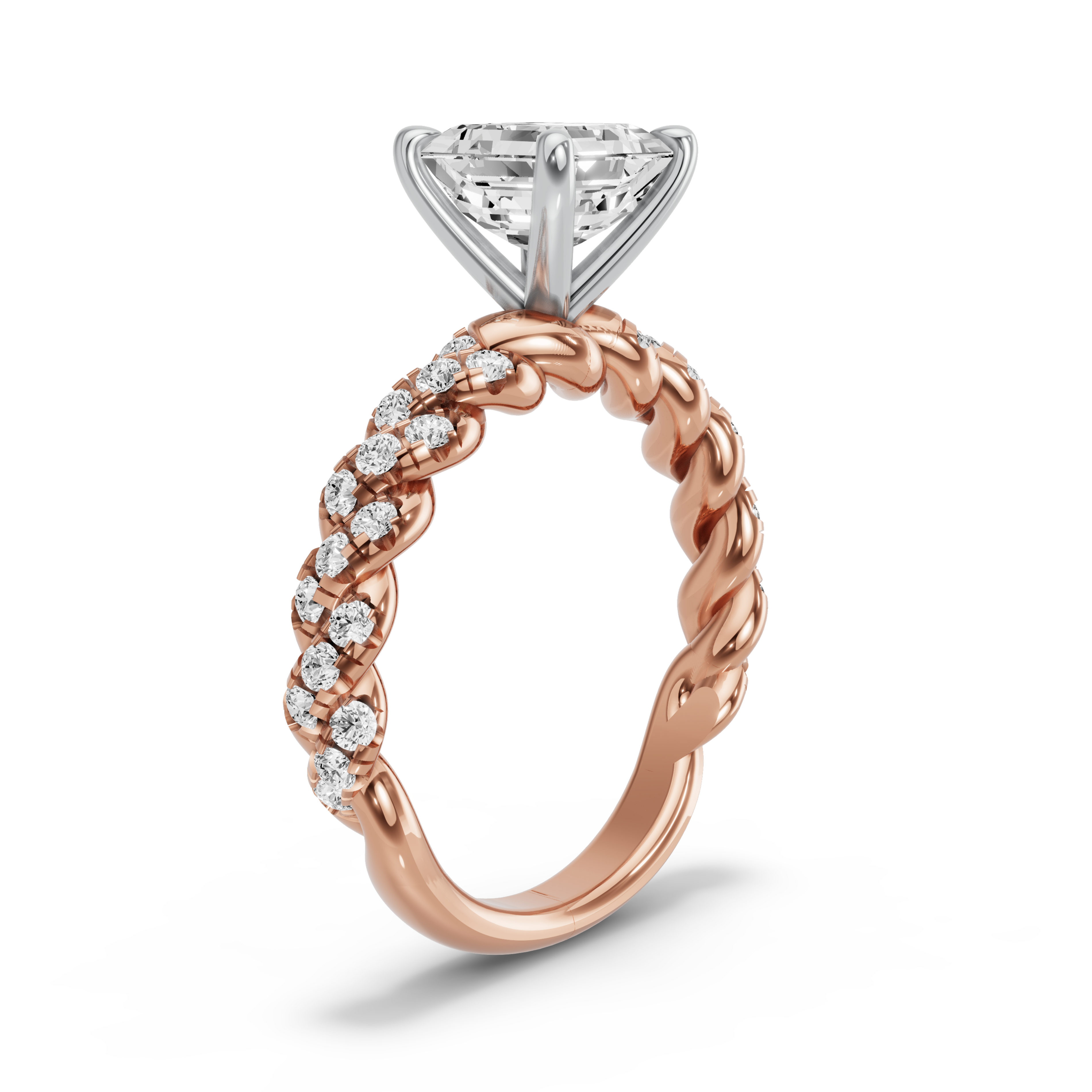 Image for Asscher Four Prong Ring with Twist Pave band in 18K Two Tone Yellow Gold