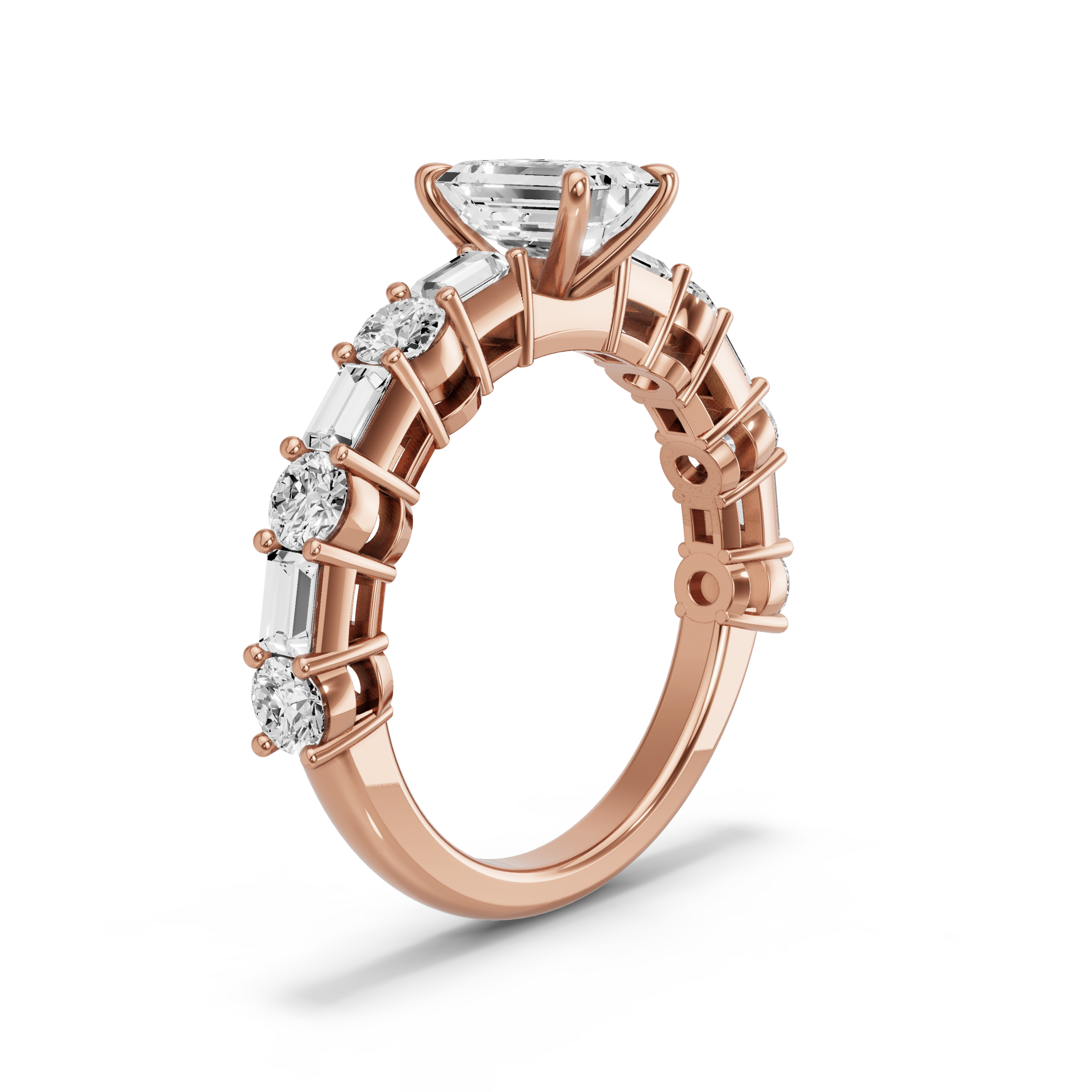 Image for Emerald Four Prong Ring with Alternating Baguette band in 18K Rose Gold