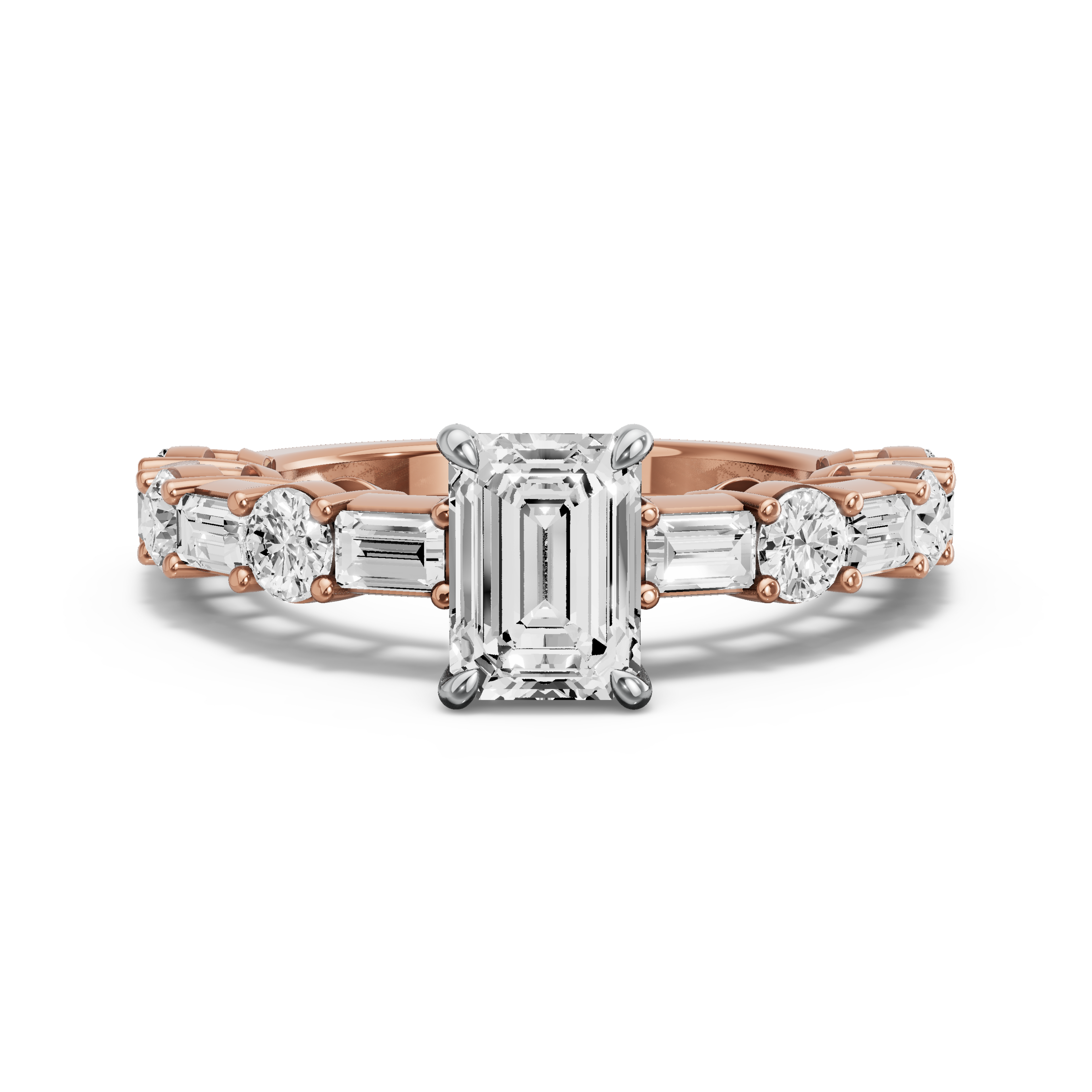 Image for Emerald Four Prong Ring with Alternating Baguette band in 10K Two Tone Rose Gold