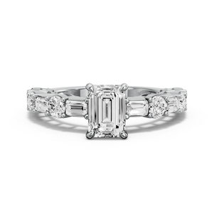 Image for Emerald Four Prong Ring with Alternating Baguette band