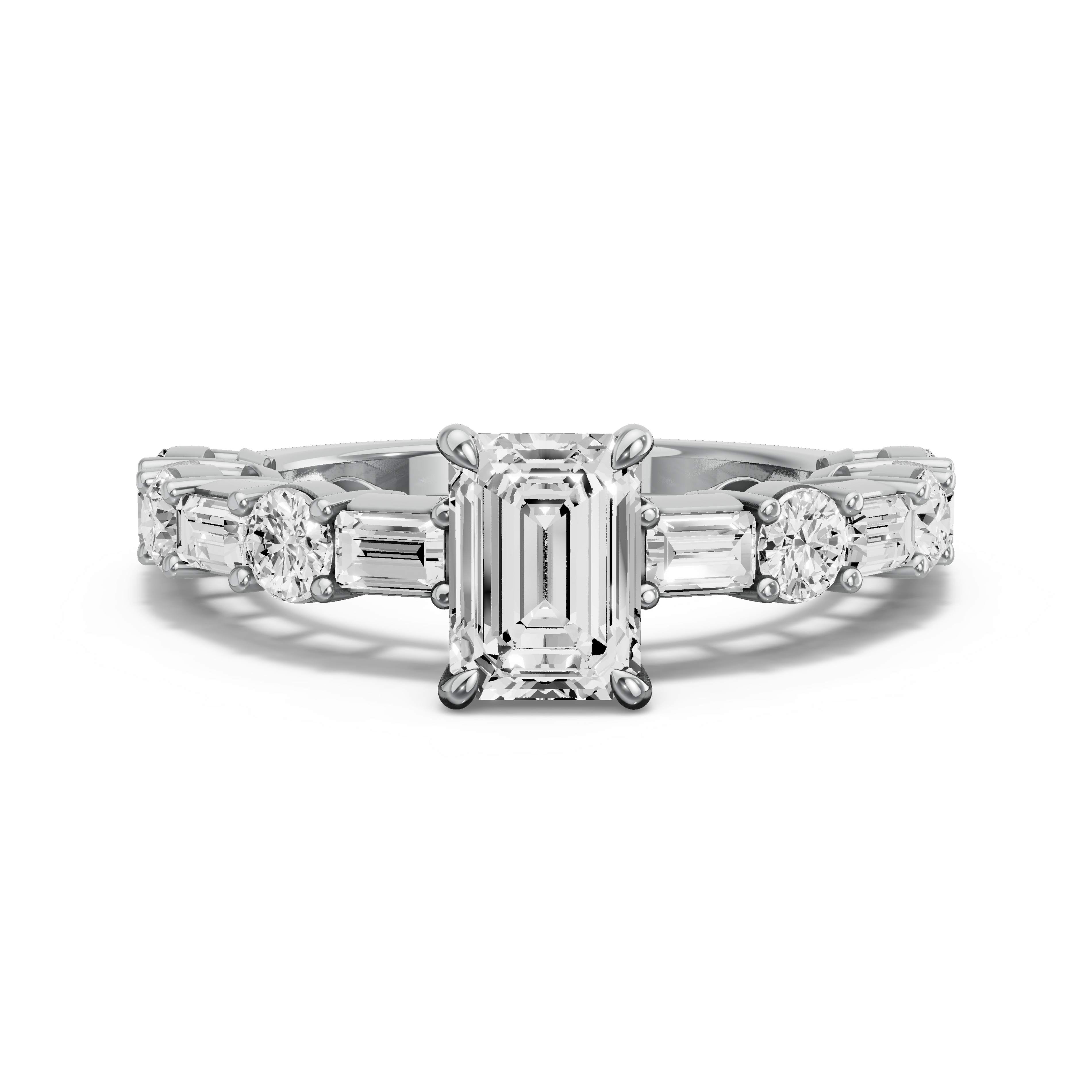 Image for Emerald Four Prong Ring with Alternating Baguette band in 10K White Gold