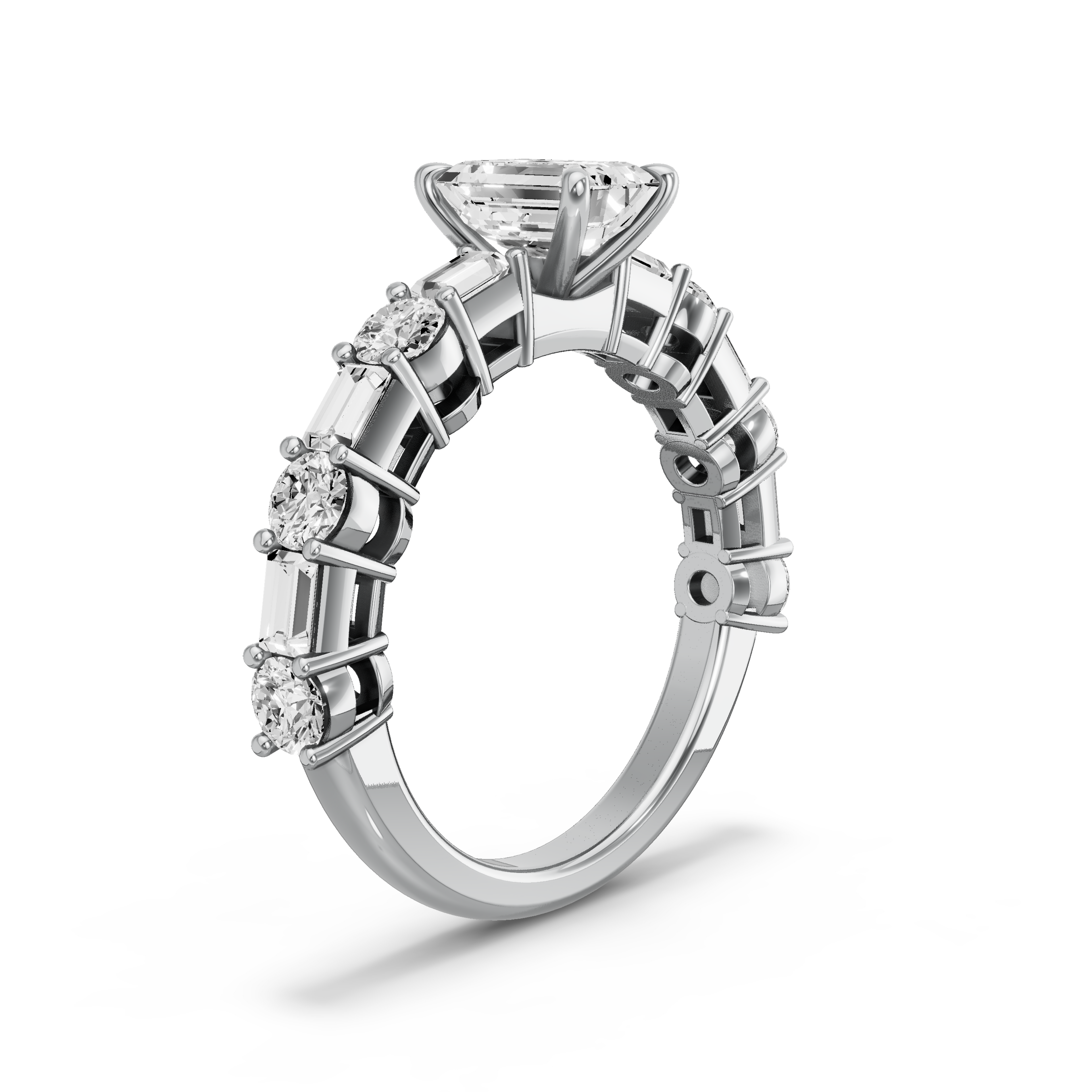 Image for Emerald Four Prong Ring with Alternating Baguette band in 10K White Gold