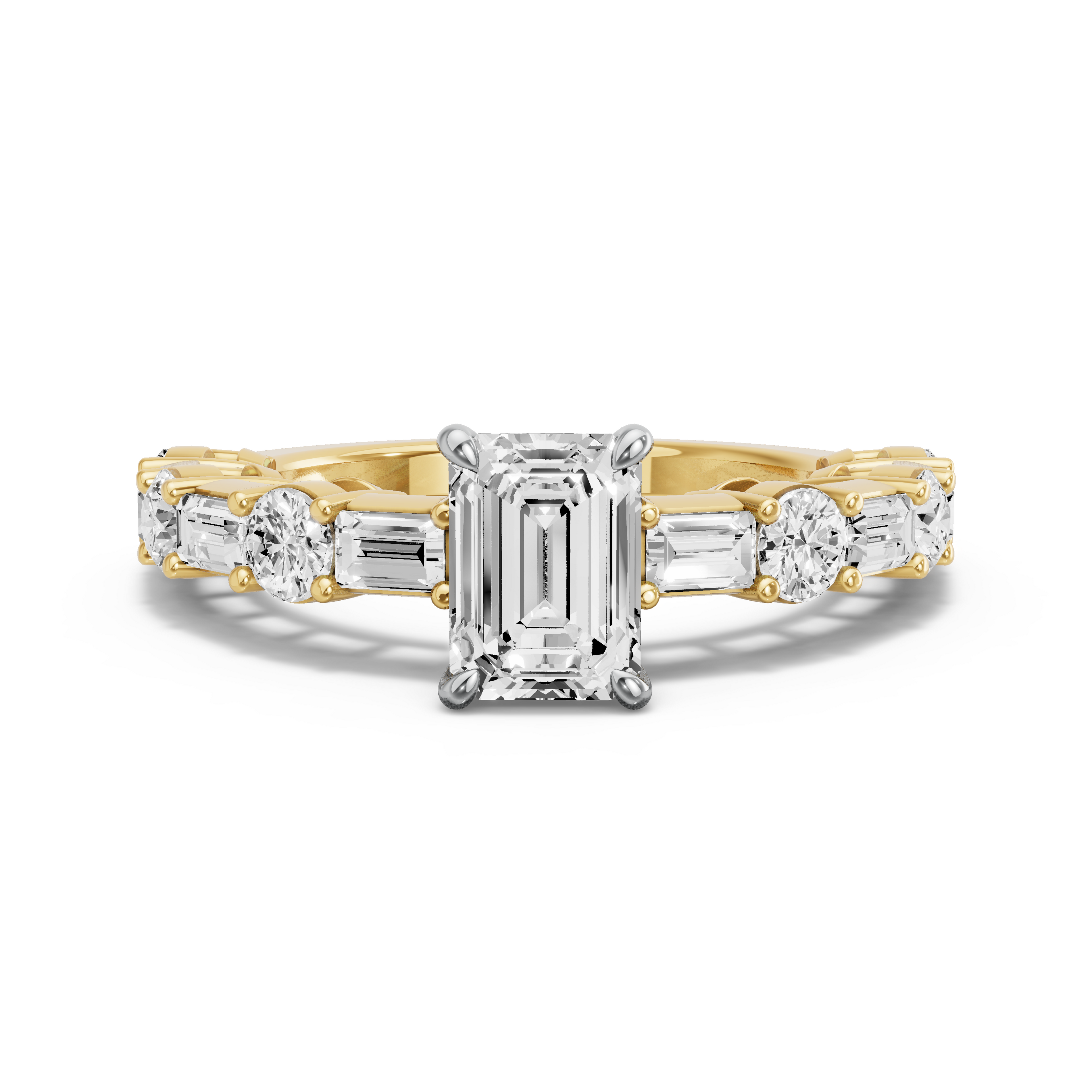 Image for Emerald Four Prong Ring with Alternating Baguette band in 14K Two Tone Yellow Gold