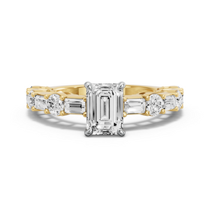 Image for Emerald Four Prong Ring with Alternating Baguette band