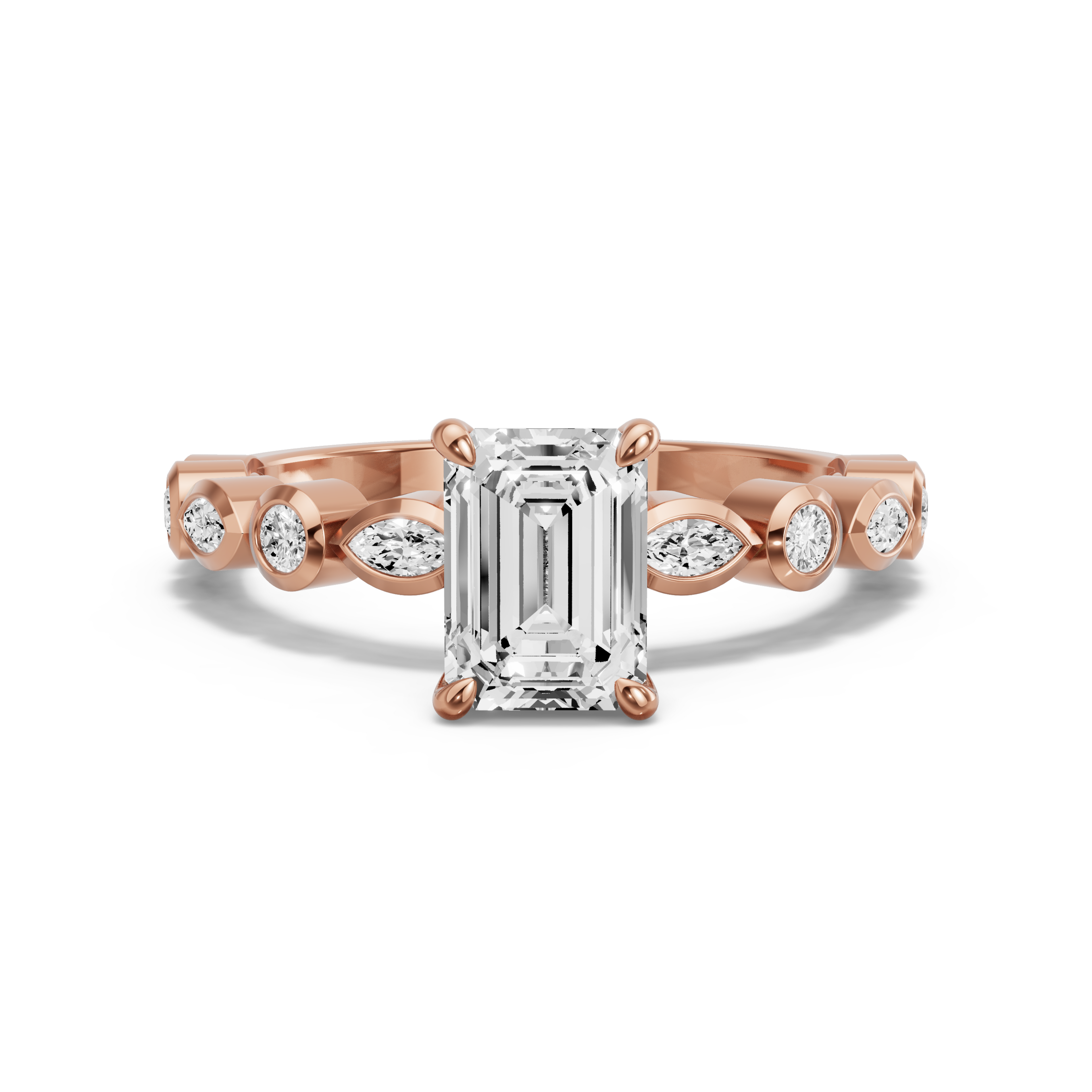 Image for Emerald Four Prong Ring with Alternating Marquise band in 18K Rose Gold