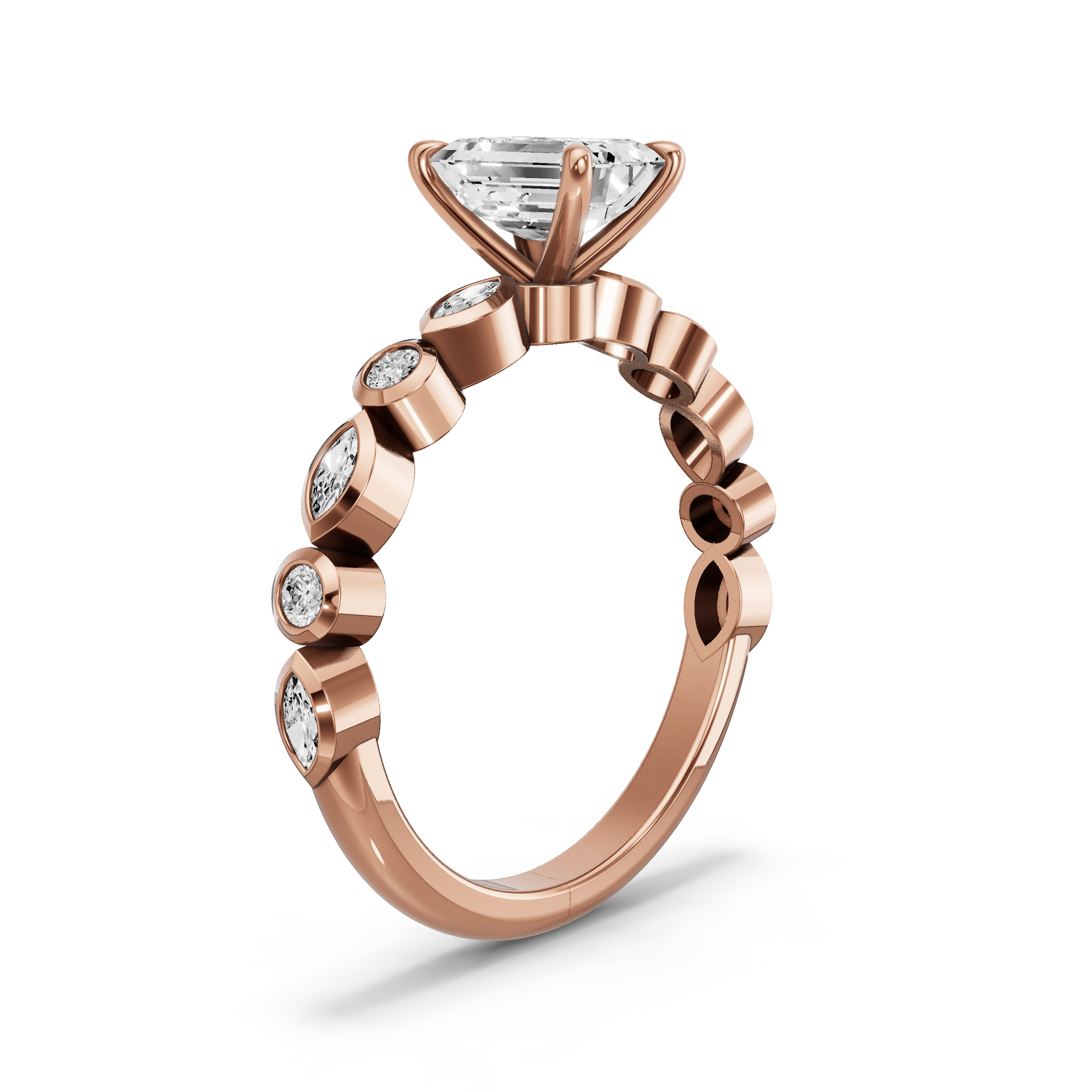 Image for Emerald Four Prong Ring with Alternating Marquise band in 18K Rose Gold