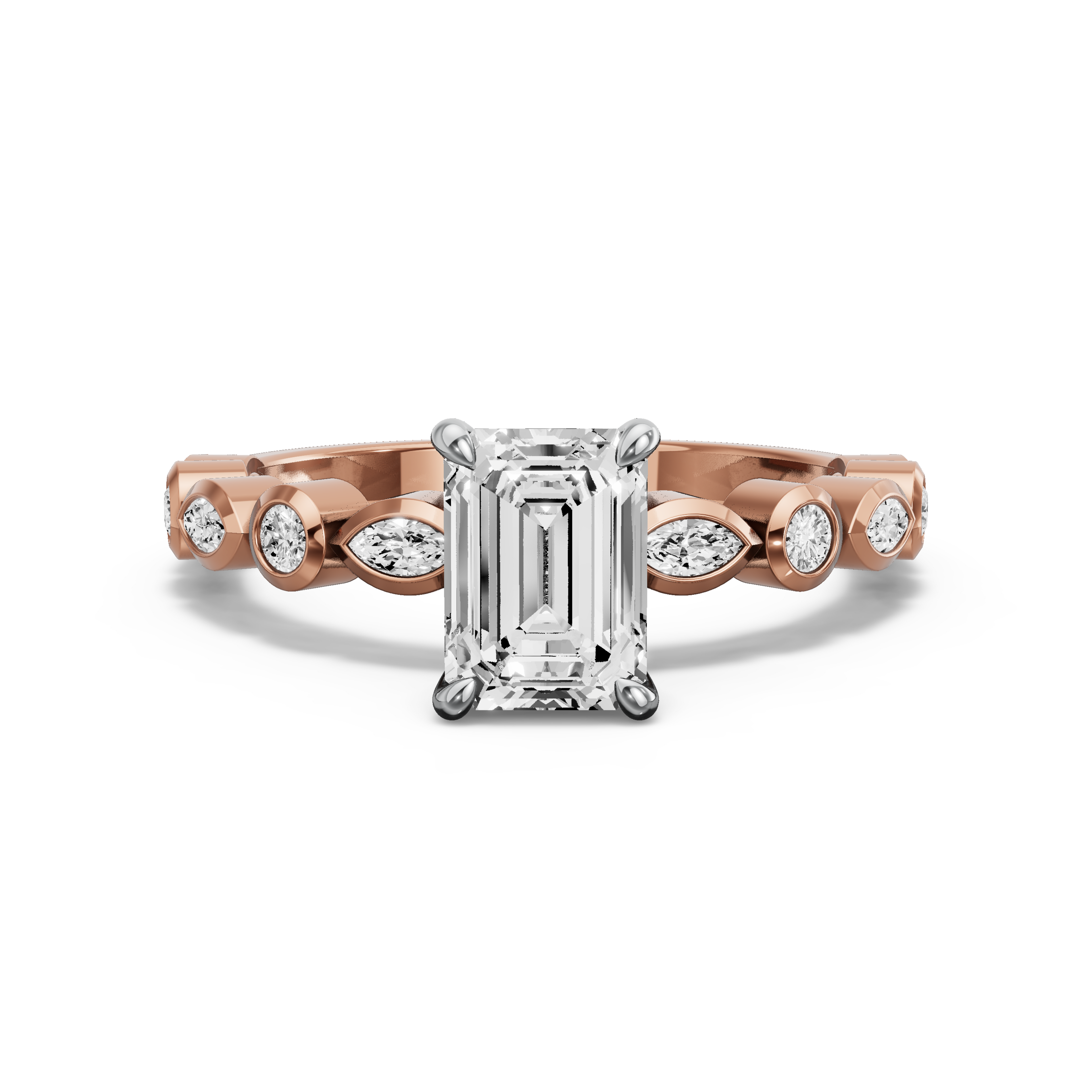Image for Emerald Four Prong Ring with Alternating Marquise band in 18K Two Tone Rose Gold