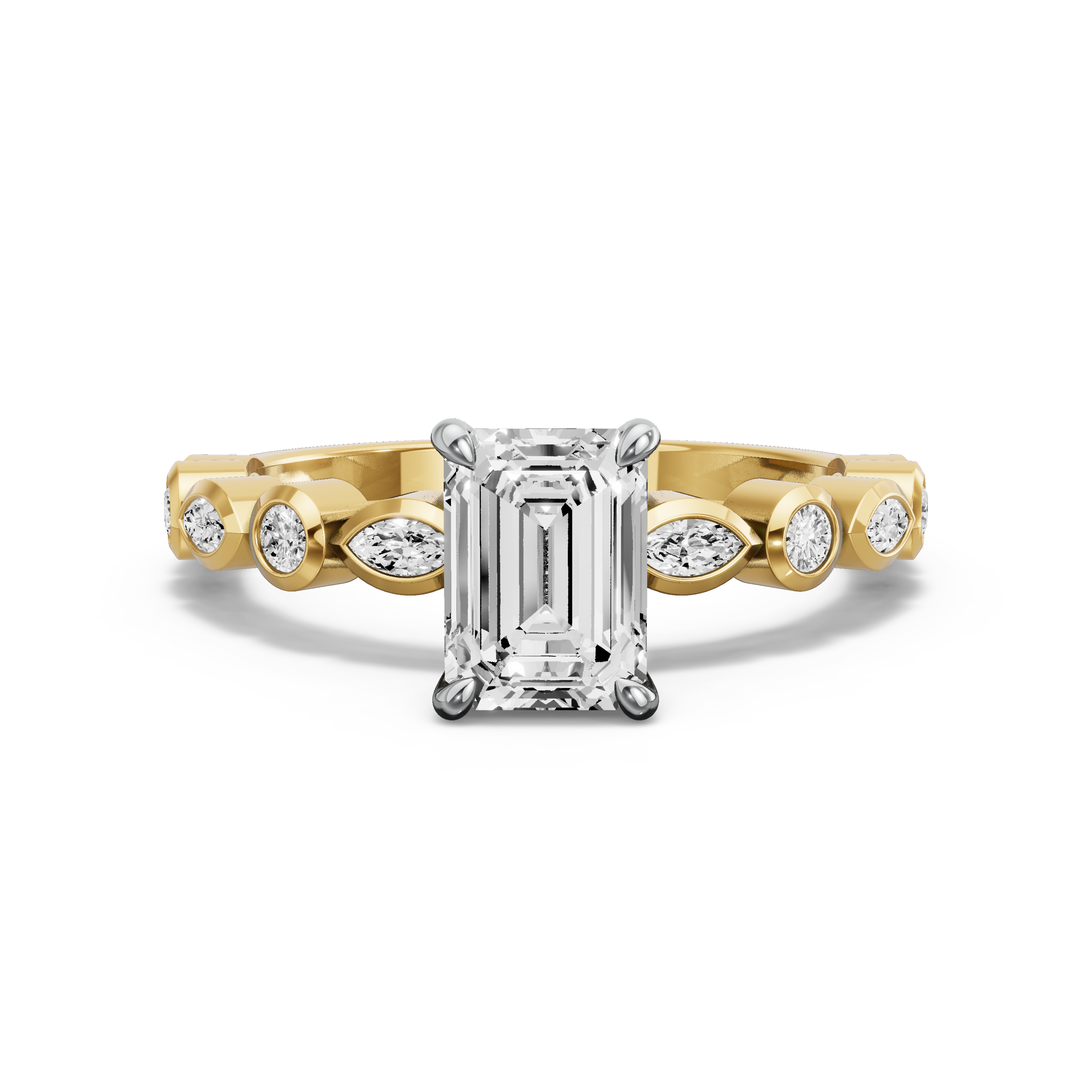 Image for Emerald Four Prong Ring with Alternating Marquise band in 18K Two Tone Yellow Gold