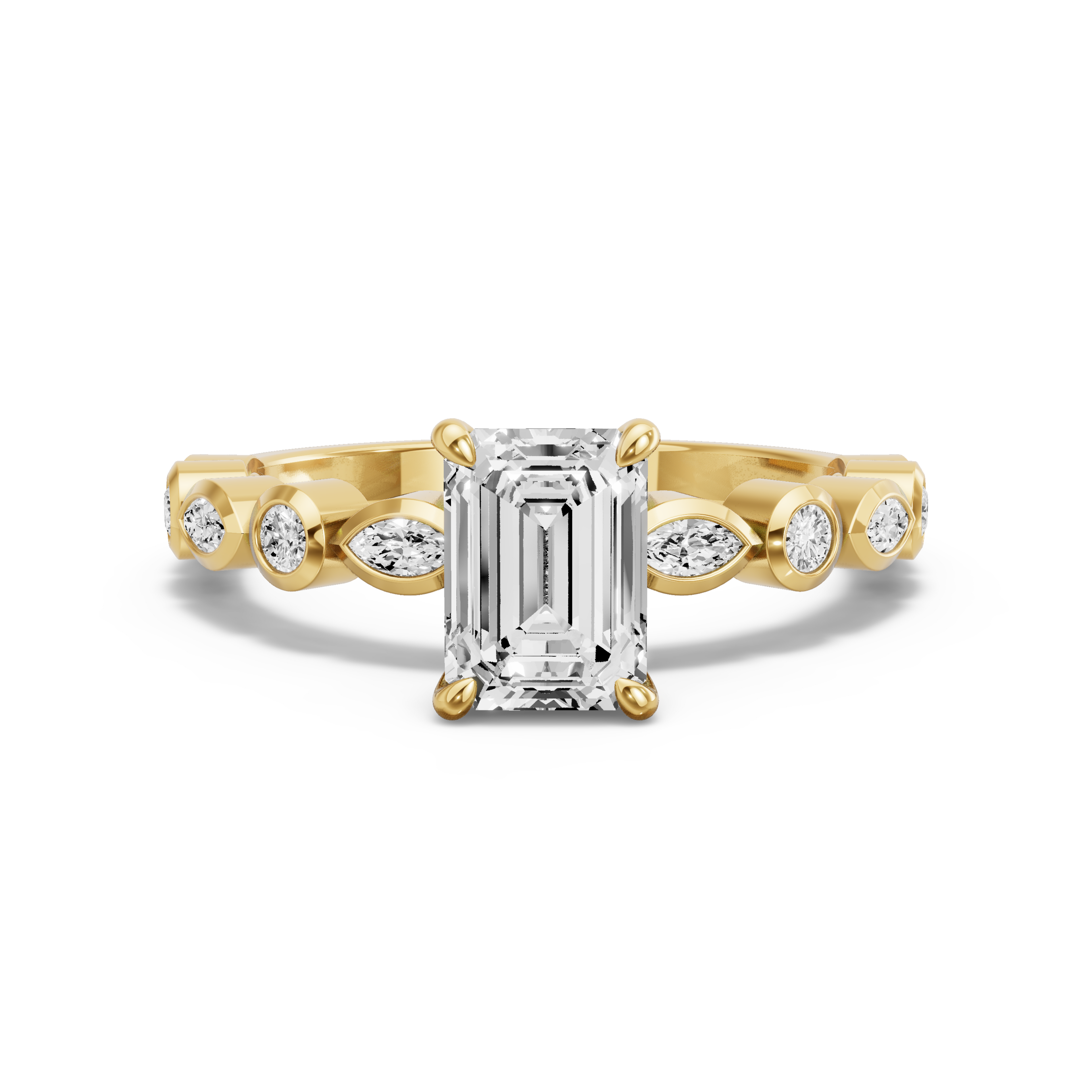 Image for Emerald Four Prong Ring with Alternating Marquise band in 10K Yellow Gold
