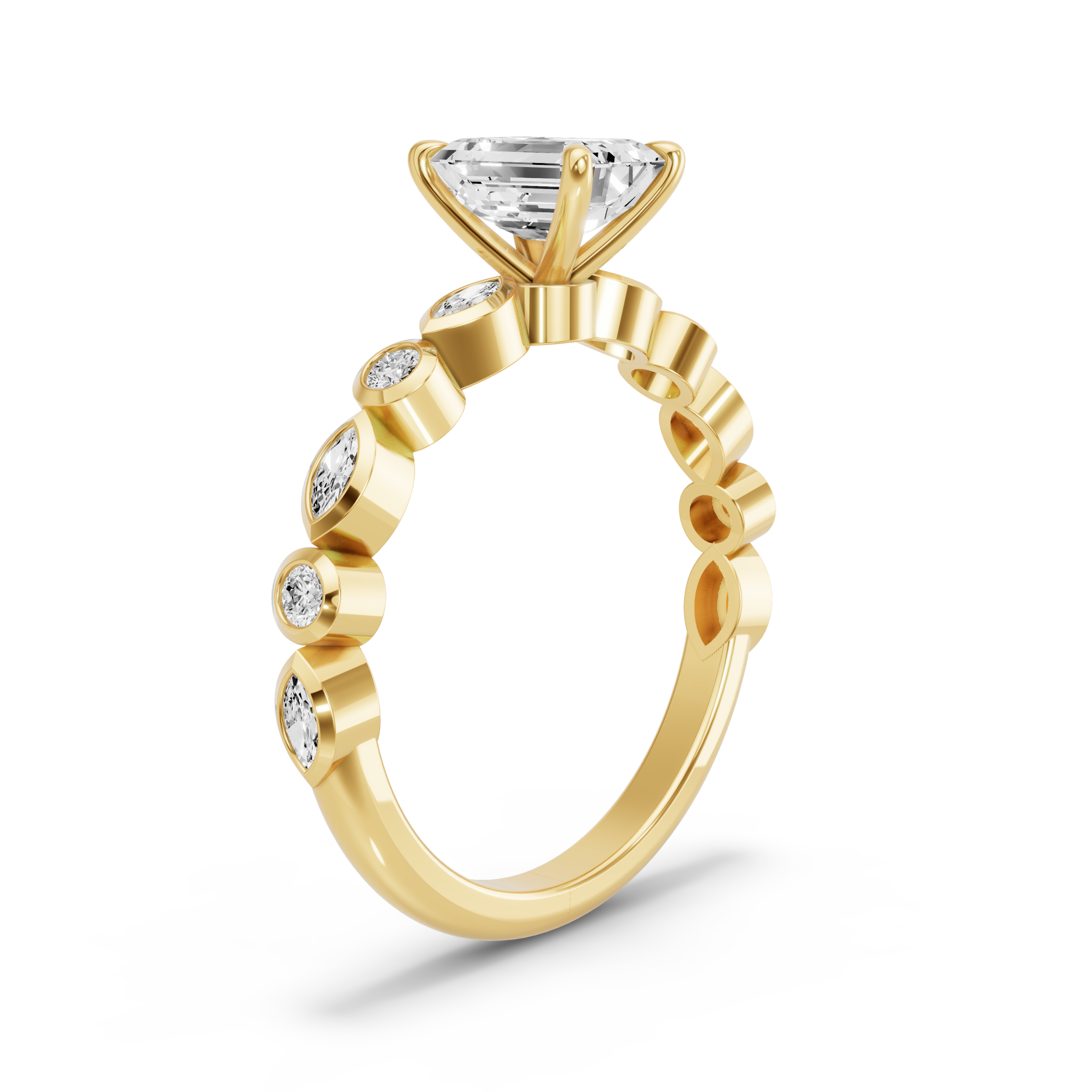 Image for Emerald Four Prong Ring with Alternating Marquise band in 10K Yellow Gold