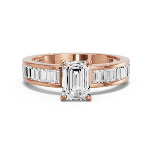Image for Emerald Four Prong Ring with Baguette Channel band